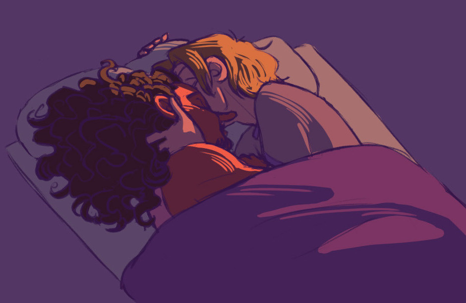 Usopp, passed out in bed next to Sanji who's placing a little good night kiss on his forehead. The sun is just peaking around the corner. They partied all night, time to sleep all day.