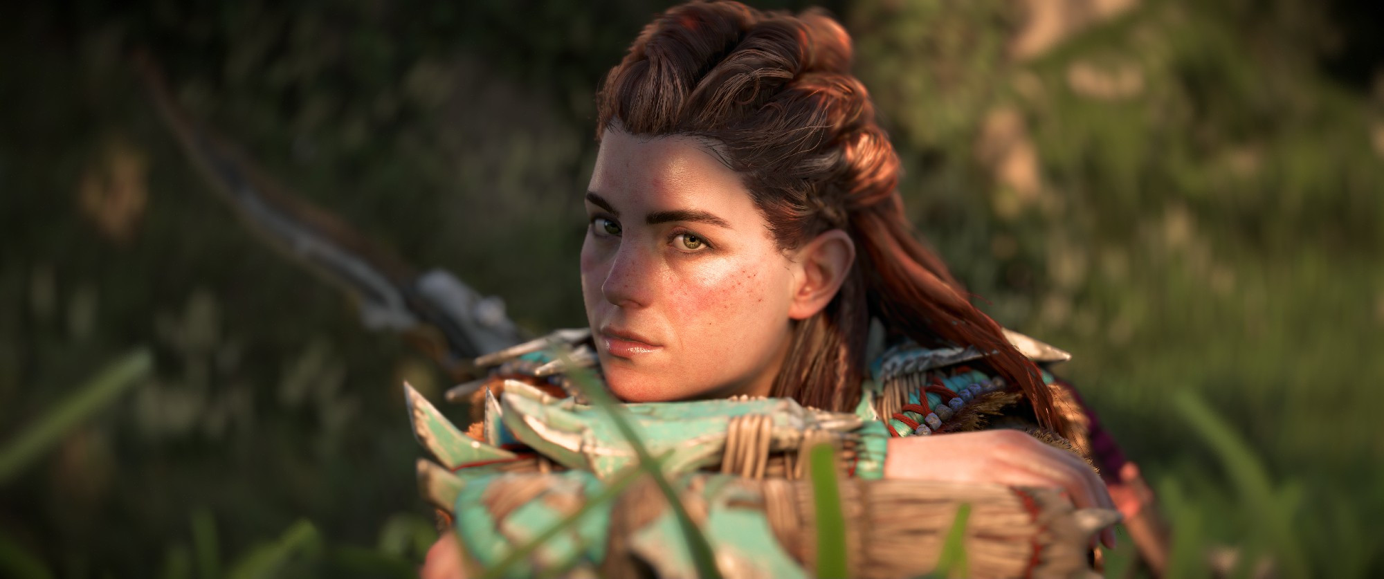 Aloy siting in the tall grass looking at camera