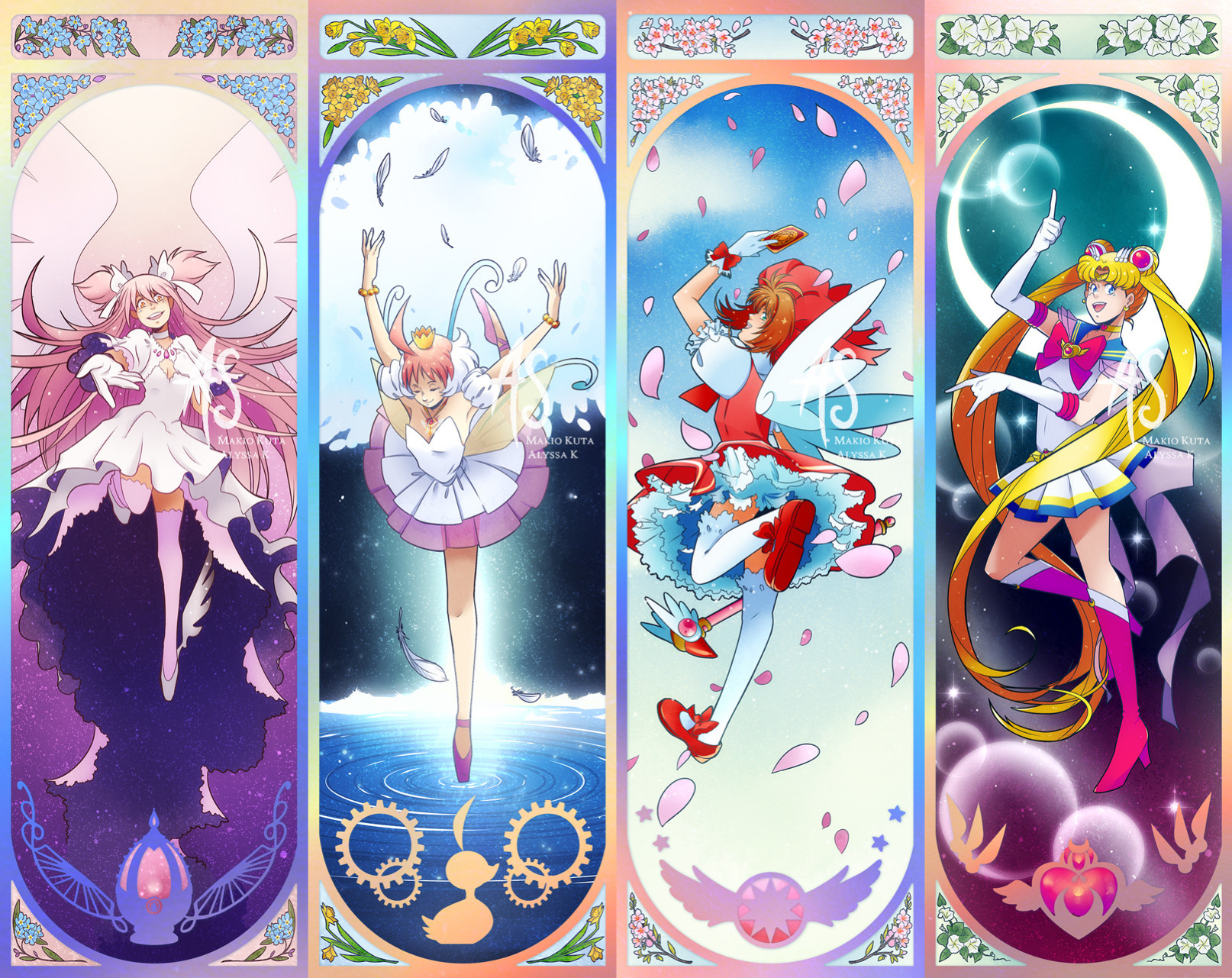 A collection of four digitally illustrated bookmarks featuring magical girls arranged horizontally. Each image has an art nouveau styled frame rendered to resemble holo-foil printing with flowers and a symbol for each series. The lead character is featured in the center of each frame.
From left to right: Madoka from Madoka Magica, Princess Tutu, Sakura from Cardcaptor Sakura, and Sailor Moon.