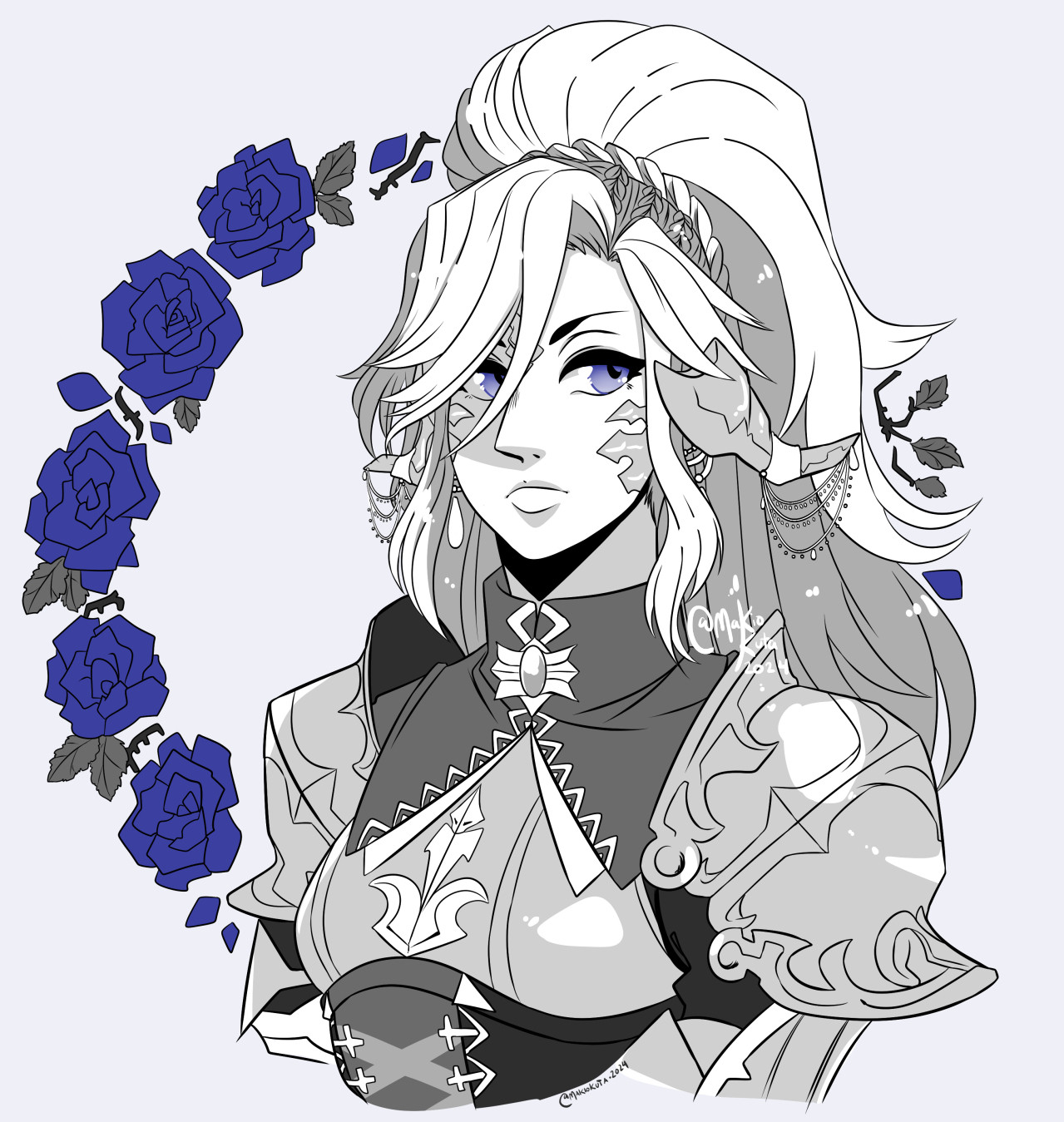 A bust-up digital illustration of Kaede, an Au ra character from FFXIV drawn in greyscale with a deep indigo as a pop colour. She has light skin and hair, which is pulled up in a high ponytail with bangs that are brushed to one side, blue eyes, and is wearing armour. A circle frame of roses is seen to the left of the character to complete the composition.