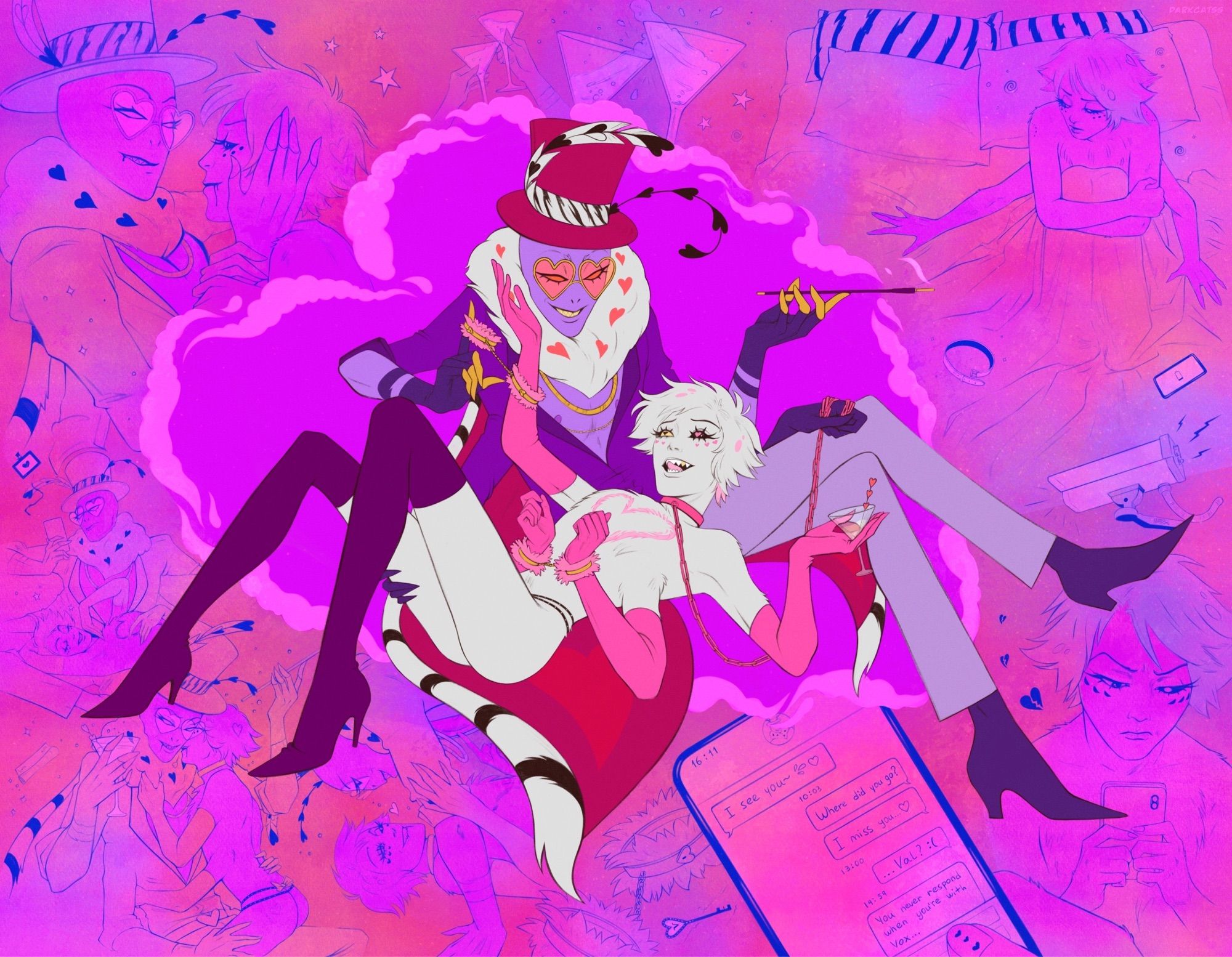 Illustration in pink of Hazbin Hotel characters Valentino and Angel Dust.