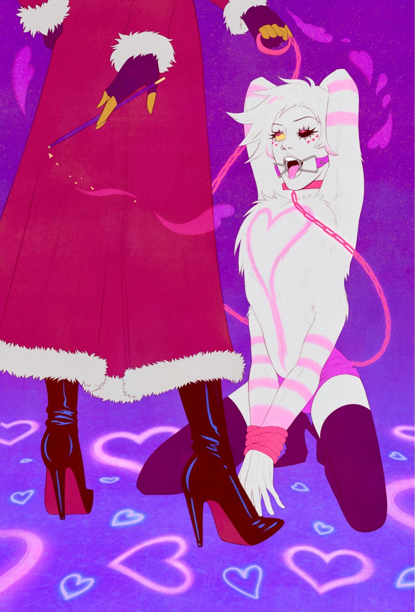 BDSM Illustration of Hazbin Hotel character Angel Dust kneeling in front of Valentino, adorned in shibari rope and a pink spider gag.