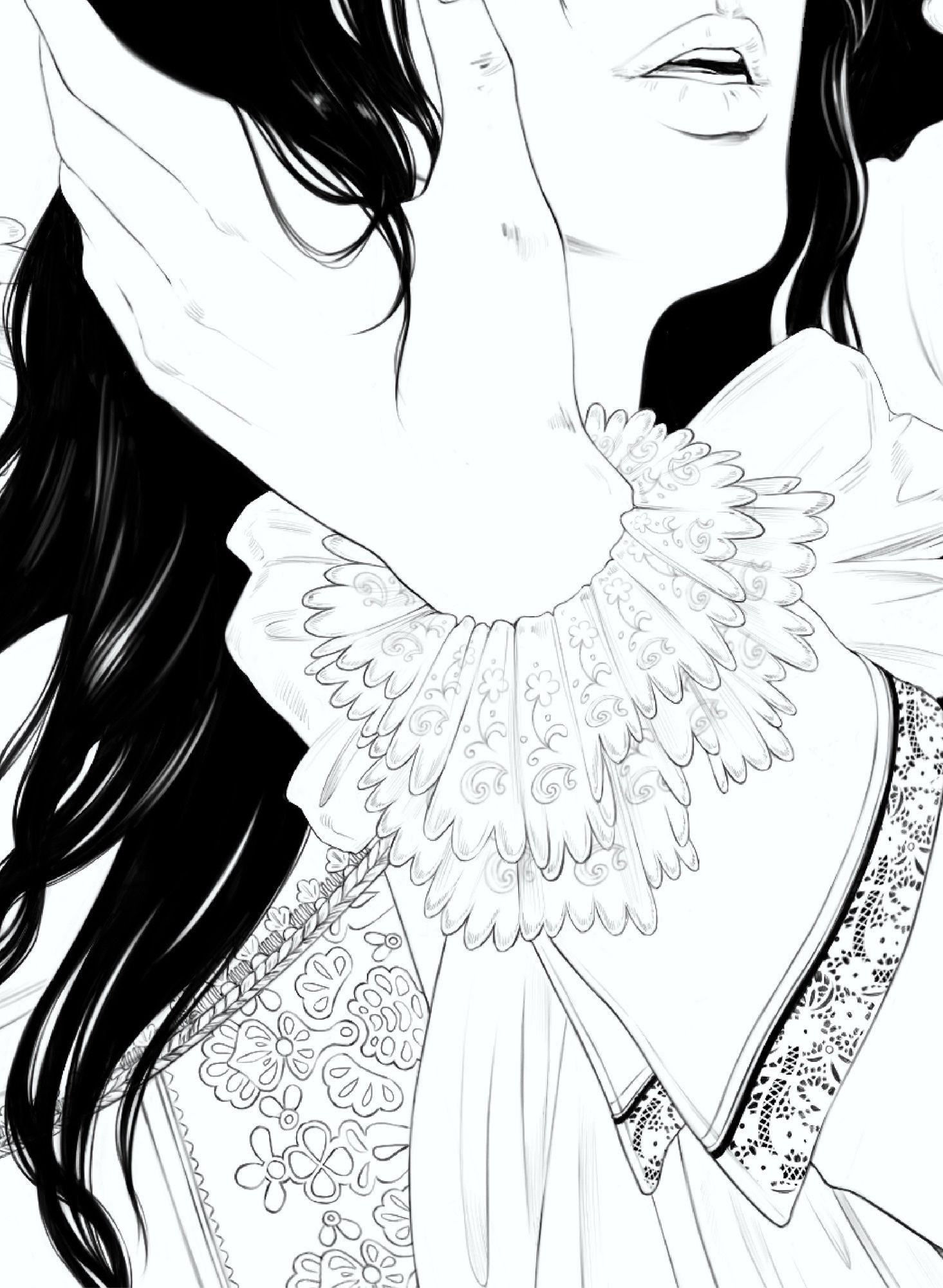 Closeup drawing detail of Innocent manga’s character Charles-Henri Sanson’s costume.