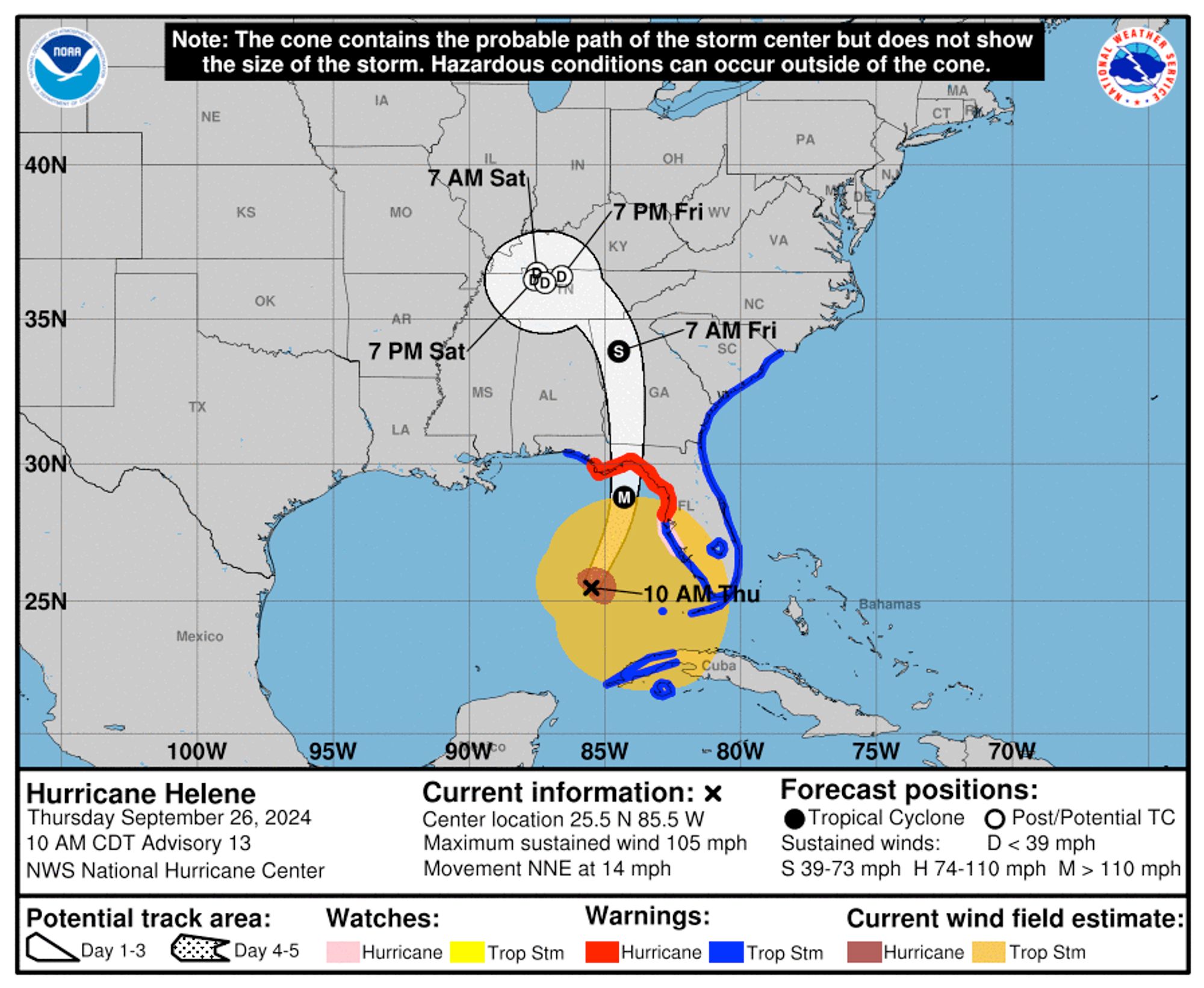 national hurricane center forecast, showing the path of Helene.  it shows that it proceeds onshore in Florida and then curves into Tennessee, where it sits for a day.