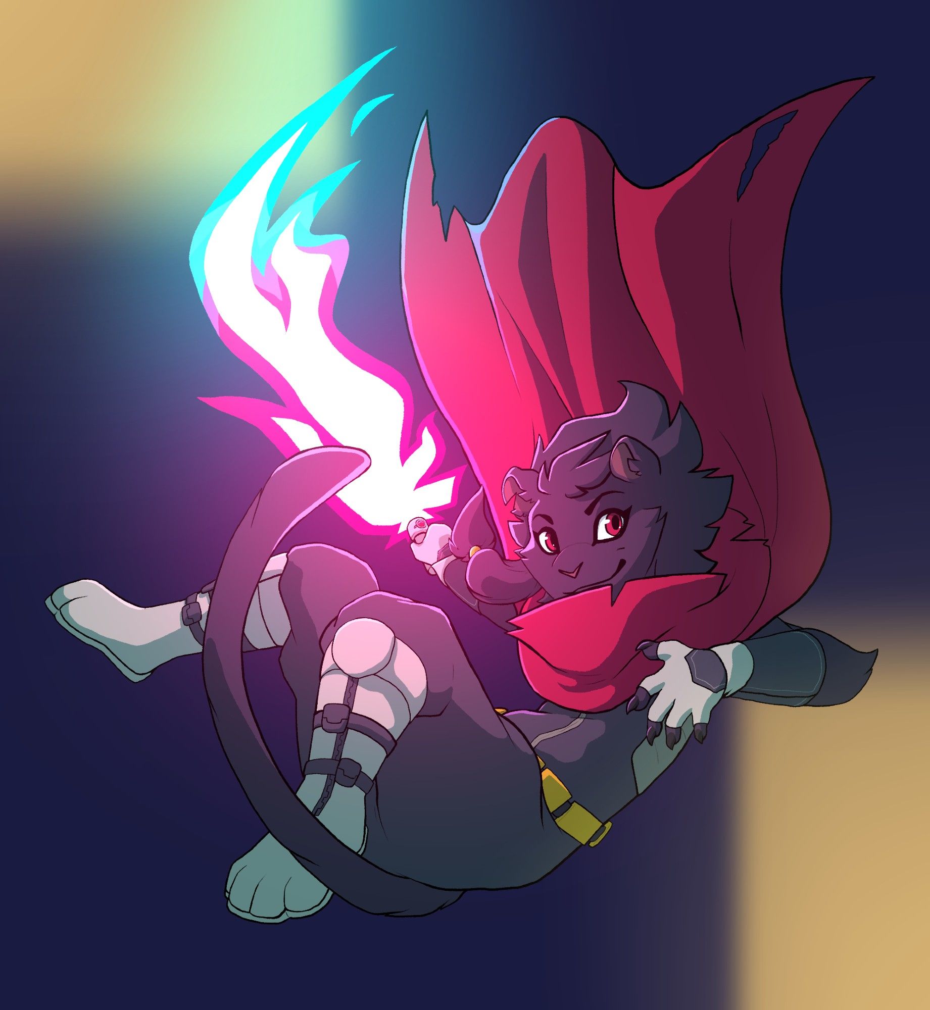 Clairen (character from Rivals of Aether, Tales of Aether, Lovers of Aether, and Creatures of Aether) is seen falling from a building's roof, looking at the viewer with a smile as she pulls out her plasma sword.