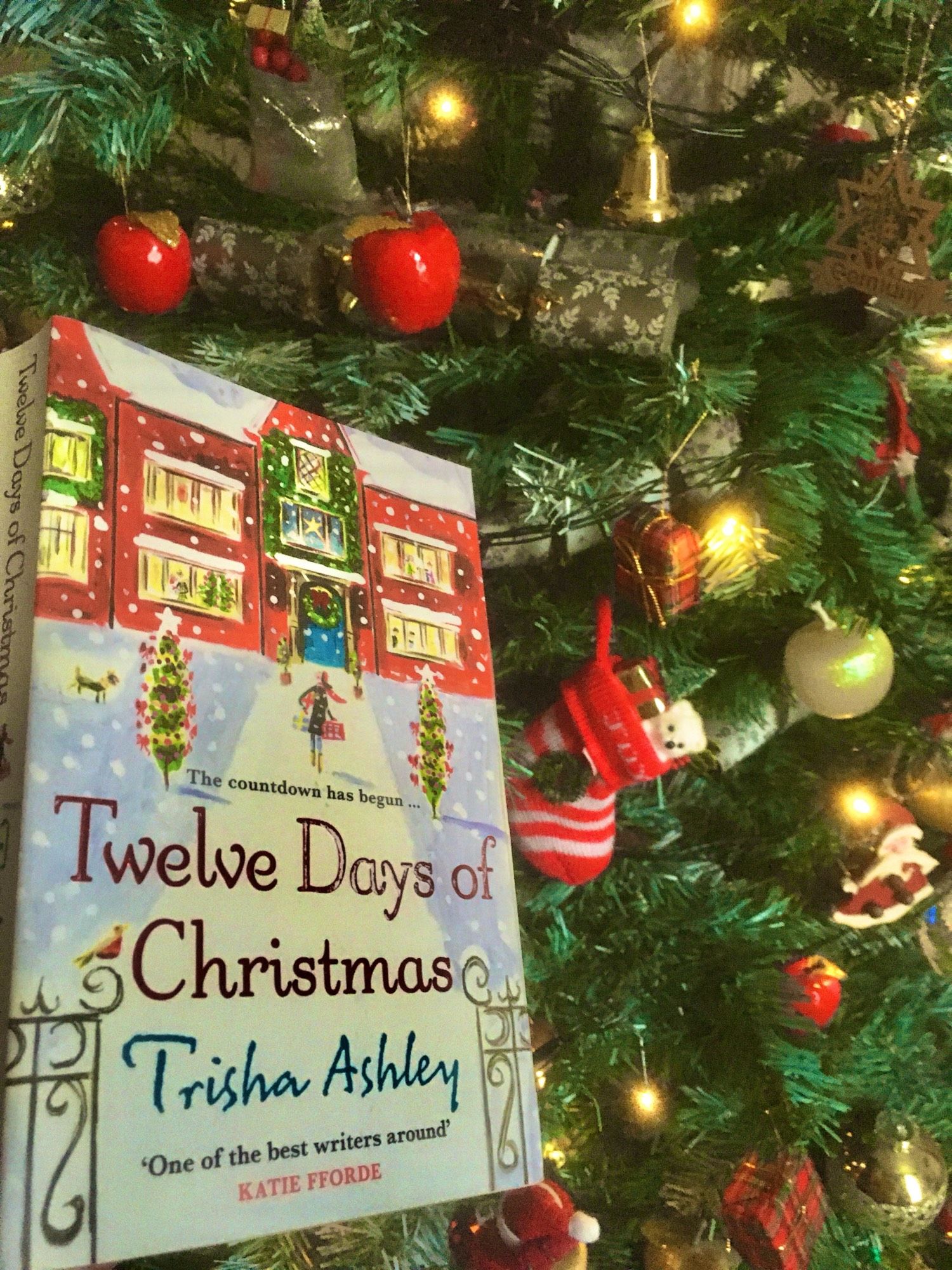 book cover of Twelve Days of Christmas by Trisha Ashley next to Christmas Tree with decorations