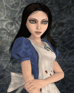 [PHOTO ID] A GIF file of Alice from the start-up screen of Alice: Madness Returns. Alice has long, thin, dark brown hair with large, silver doe eyes and spale skin. She wears a cornflower blue dress with shoulder puffs, a horseshoe necklace, and a white apron with a bow at the back and blood on the front. Alice's hair softly waves behind her in the wind. [END ID]