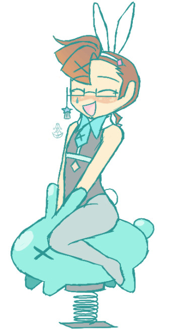 The following is a digital sketch of Road in a semi-Chibi style sitting on a bunny bouncing toy a la playground spring contraptions. He wears a headband with bunny ears, his glasses, and a modified bunny suit with a light blue harness.