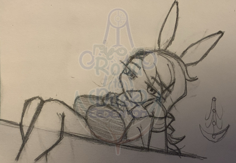 The following is a paper sketch of Domino in a semi-Chibi style sitting with legs up and over a platform, their breasts large and almost covering their chest as they have a hand up to their cheek, giving tempting and teasing eyes to the viewer. They wear a bunny suit with a bunny ear headband.