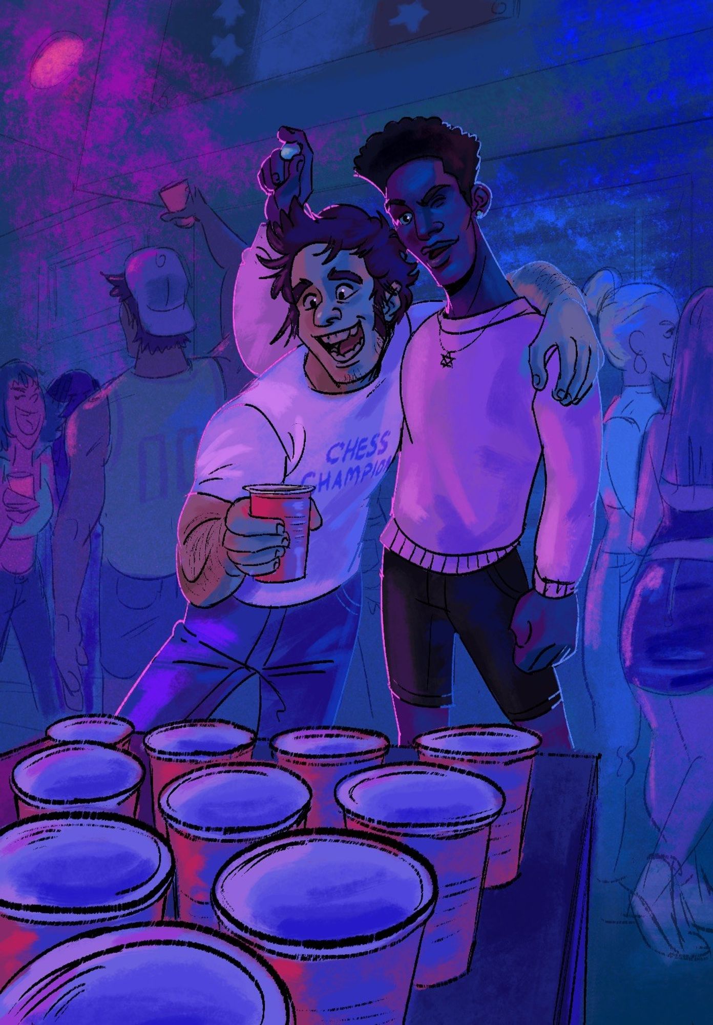 Art of two boys standing over a beer pong table. The left boy is white, has brown shaggy hair, muscular arms and a t-shirt that says Chess Champion. His arm is wrapped around a second boy, who is tall, Black and wearing a white sweater with a Star of David necklace. Partygoers stand in the background. 