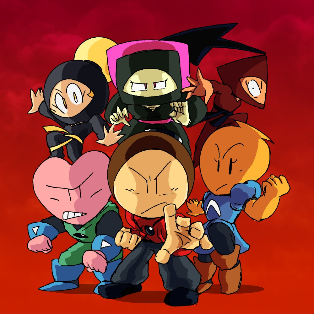 Left to Right, Top to Bottom: Aria (Circle Ninja), Aiko (Square Ninja), Asja (Triangle Ninja), Stereo, Asher, Mono