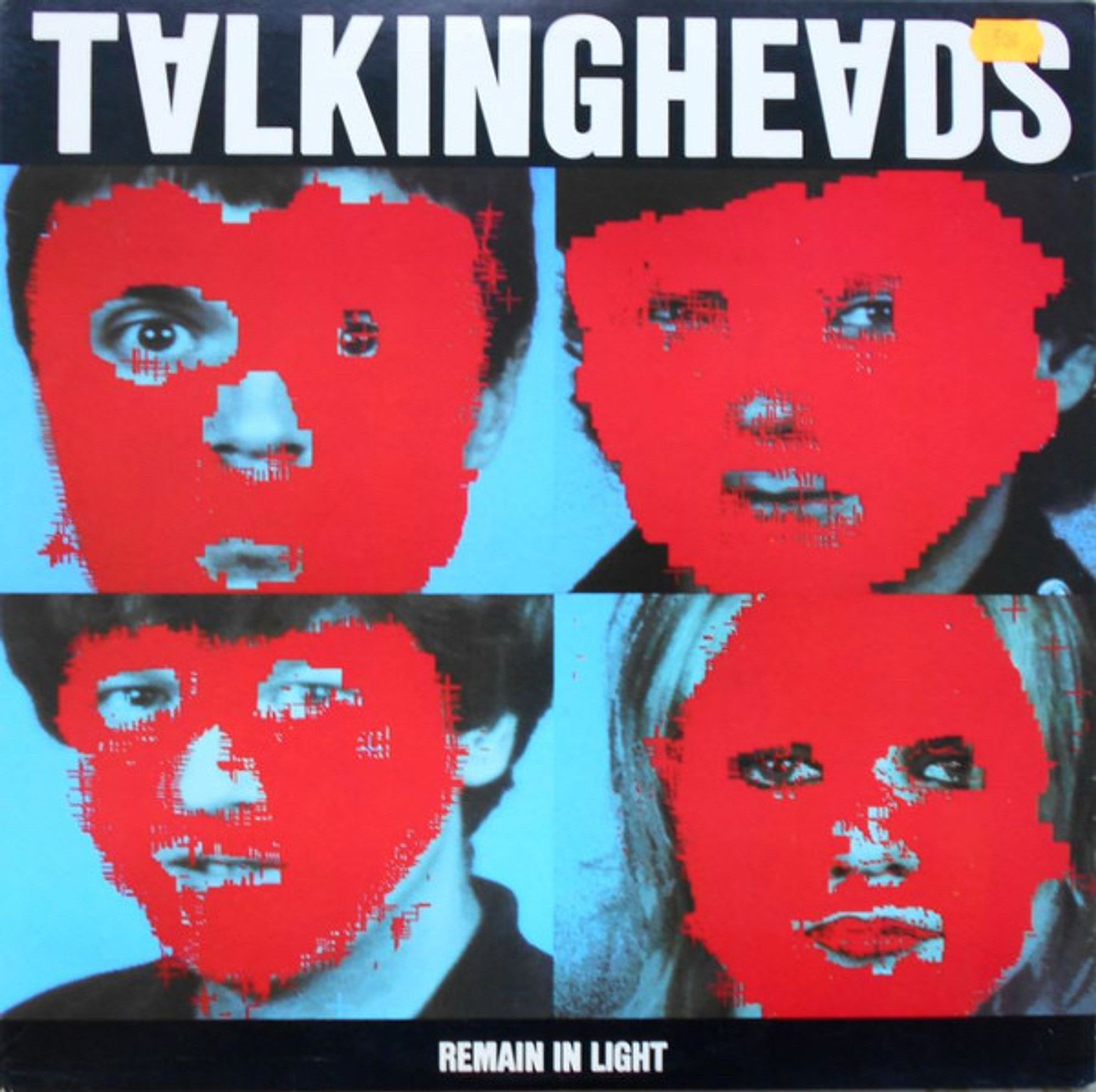 The cover for Talking Heads album "Remain in Light."

The cover features four stylized portraits, likely of the band members, arranged in a 2x2 grid. The portraits are in a high-contrast style with bright red faces against a light blue background. The faces have a pixelated or digitally distorted look, with only key features like eyes and mouths visible.

At the top of the image, the band name "TALKING HEADS" is written in large white block letters, with the 'A' inverted in both instance.