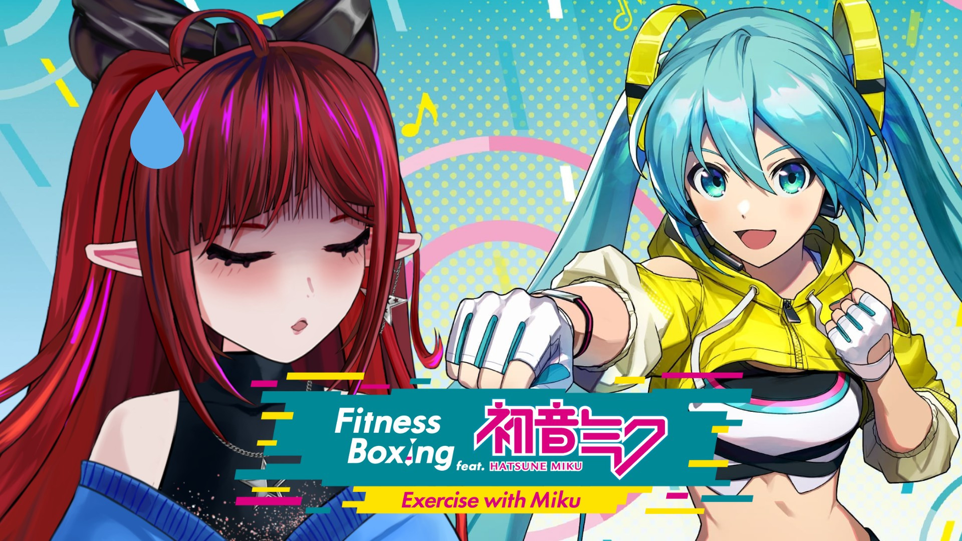 Red haired anime girl and Hatsune miku sweating while working out. 