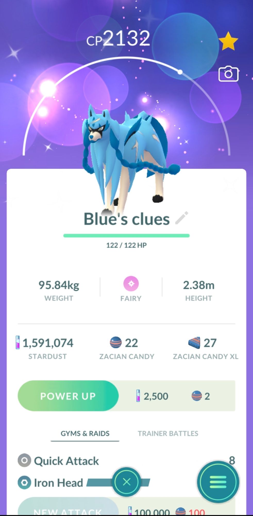 Screenshot of a shiny Zacian in Pokemon Go. It has been renamed to Blue's Clues.