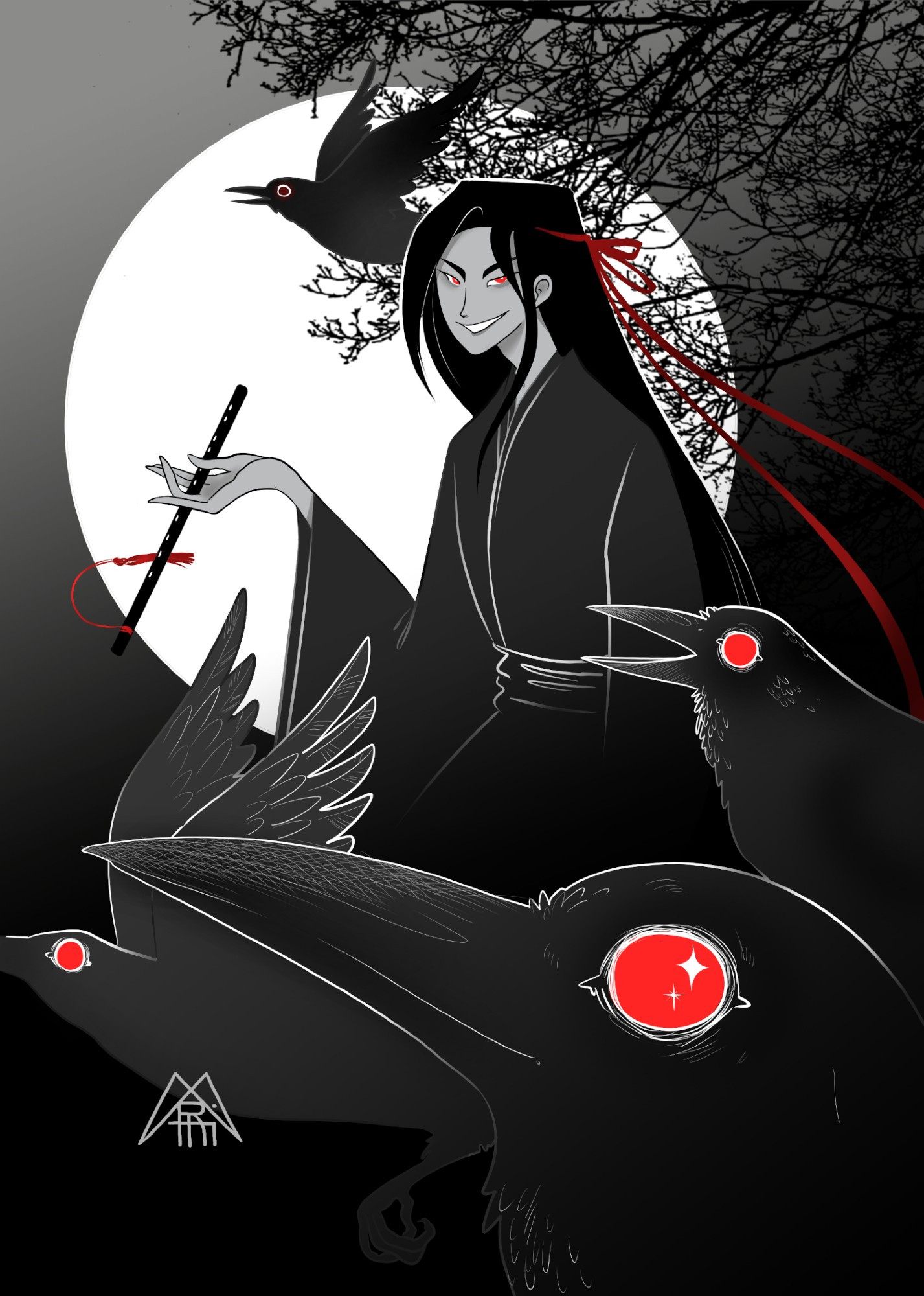 Yiling Patriarch sitting on a tree under the full moon with crows flying around.