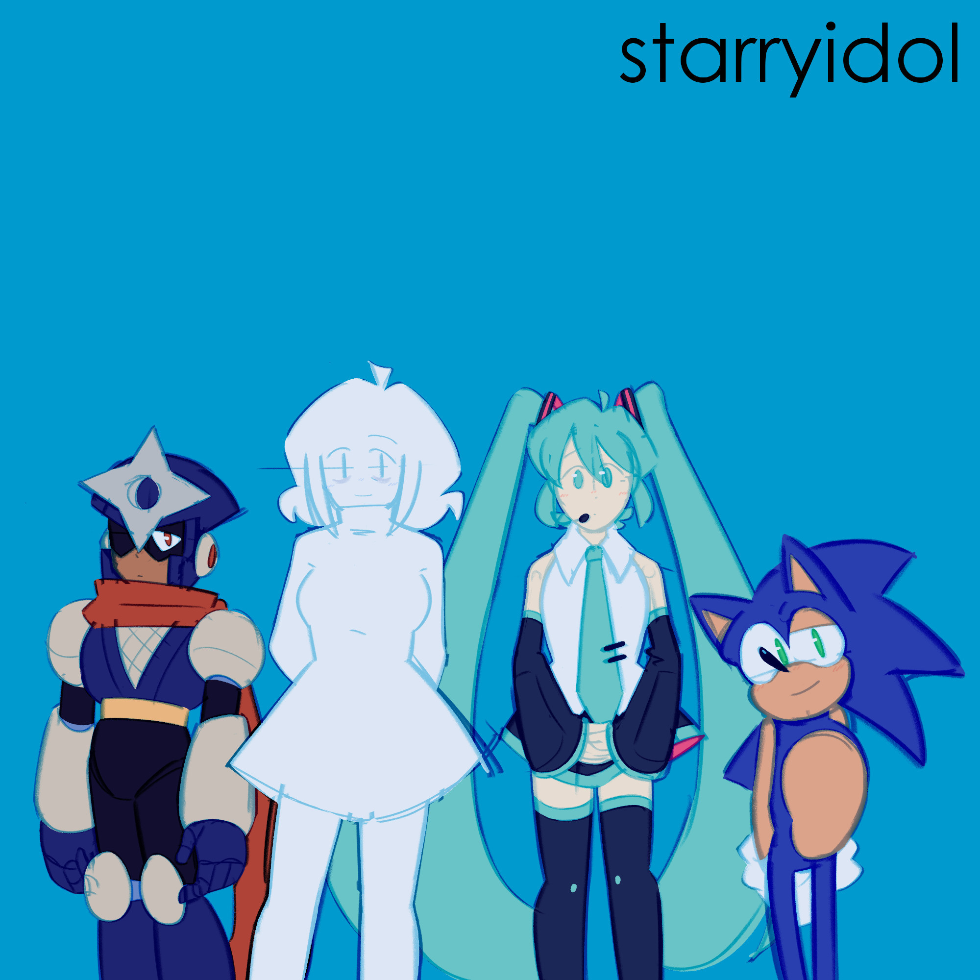 Illustration of Shadow Man, a persona with white hair and a white dress, Hatsune Miku, and Sonic the Hedgehog standing in front of a sky blue background, with the text "starryidol" in the upper right corner. I love Weezer.