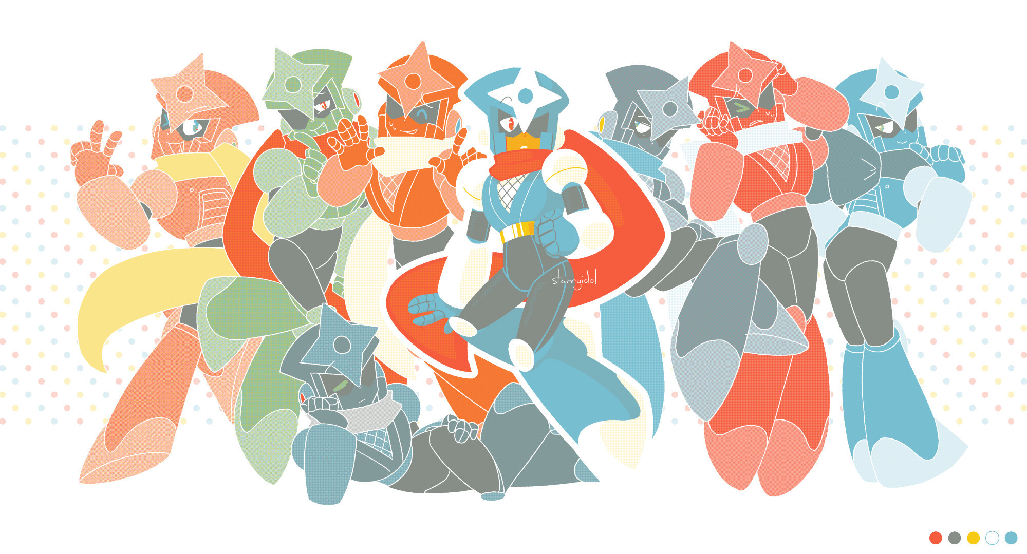 Illustration of nine differently colored Shadow Men (?), all with different poses and expressions