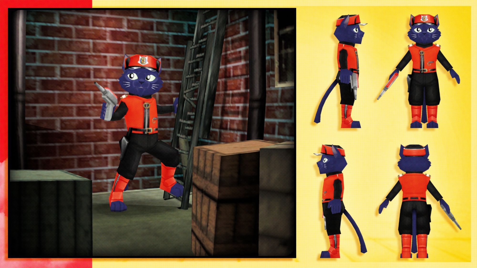 Fake N64 game screenshot of Catnip Scarlet in a back alley, next to four renders of him at different angles.