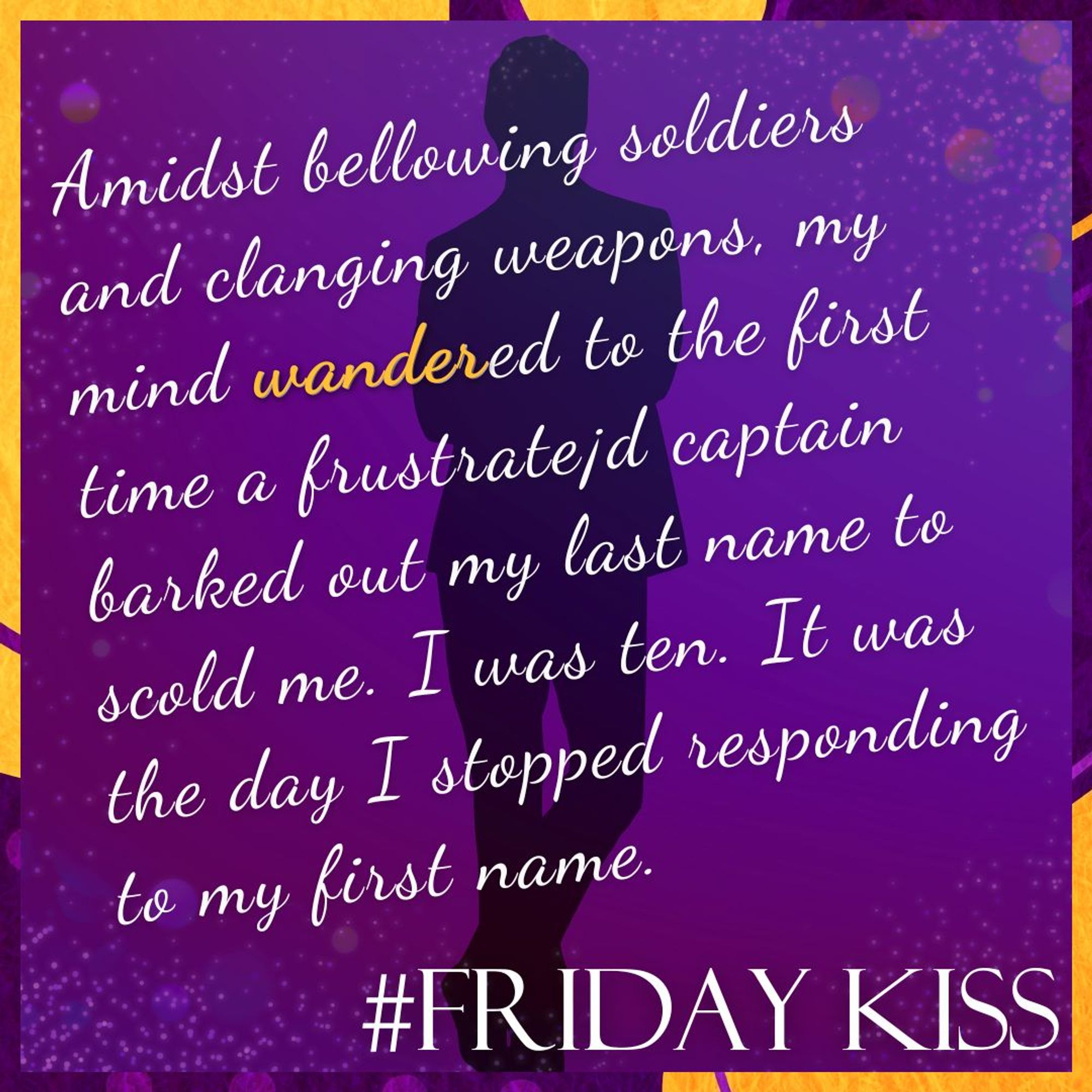 Border: purple and orange blobs, dots, and lines.
Background: A silhouette of a person standing in the center overlayed with a vibrant purple gradient with glowing particles and abstract light effects.
Text: #FridayKiss. Quote: can be read in the post.