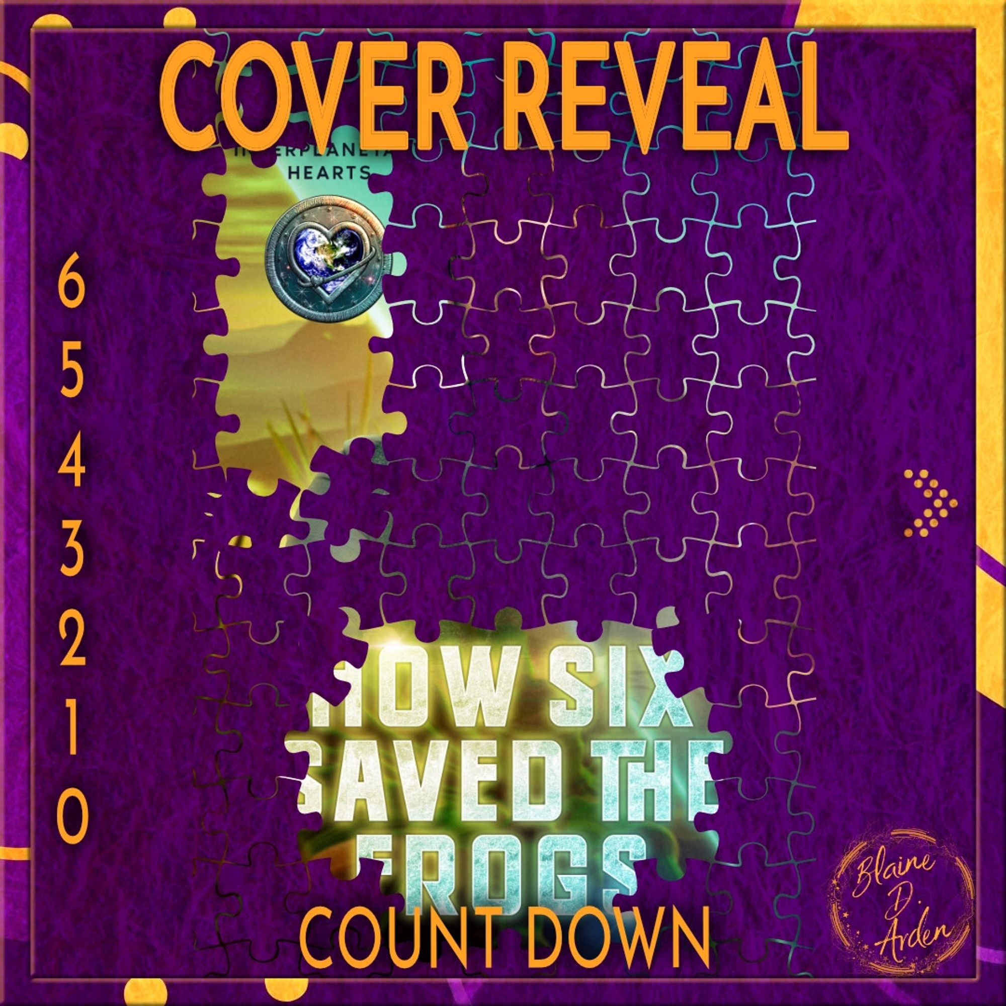 Three-image slide of a countdown for a book cover reveal.
Purple and orange border with blobs, dots, and lines, and a purple background.
On the first slide, "How Six Saved the Frogs" is partially visible beneath puzzle pieces. At the top "Cover Reveal" in orange, and numbers 6-0 on the left side.
The second and third slide give some info about Wouter Heiland (the MC) and a two truths and a lie quiz (as mentioned in the alt text)