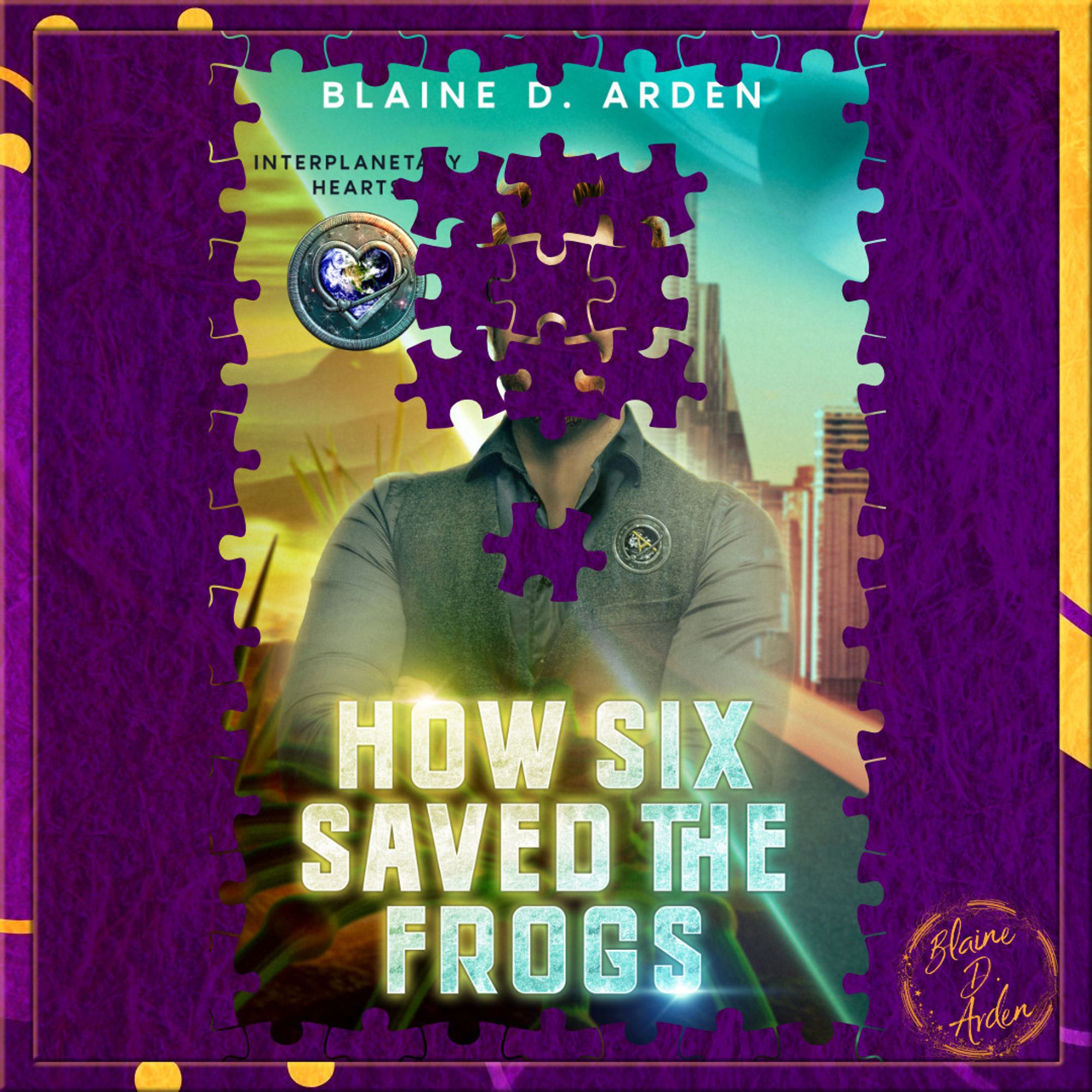 Purple and orange border with blobs, dots, and lines, and a purple background.
"How Six Saved the Frogs" is partially visible beneath puzzle pieces. At the top "Cover Reveal" in orange, and numbers 1-0 on the left side.