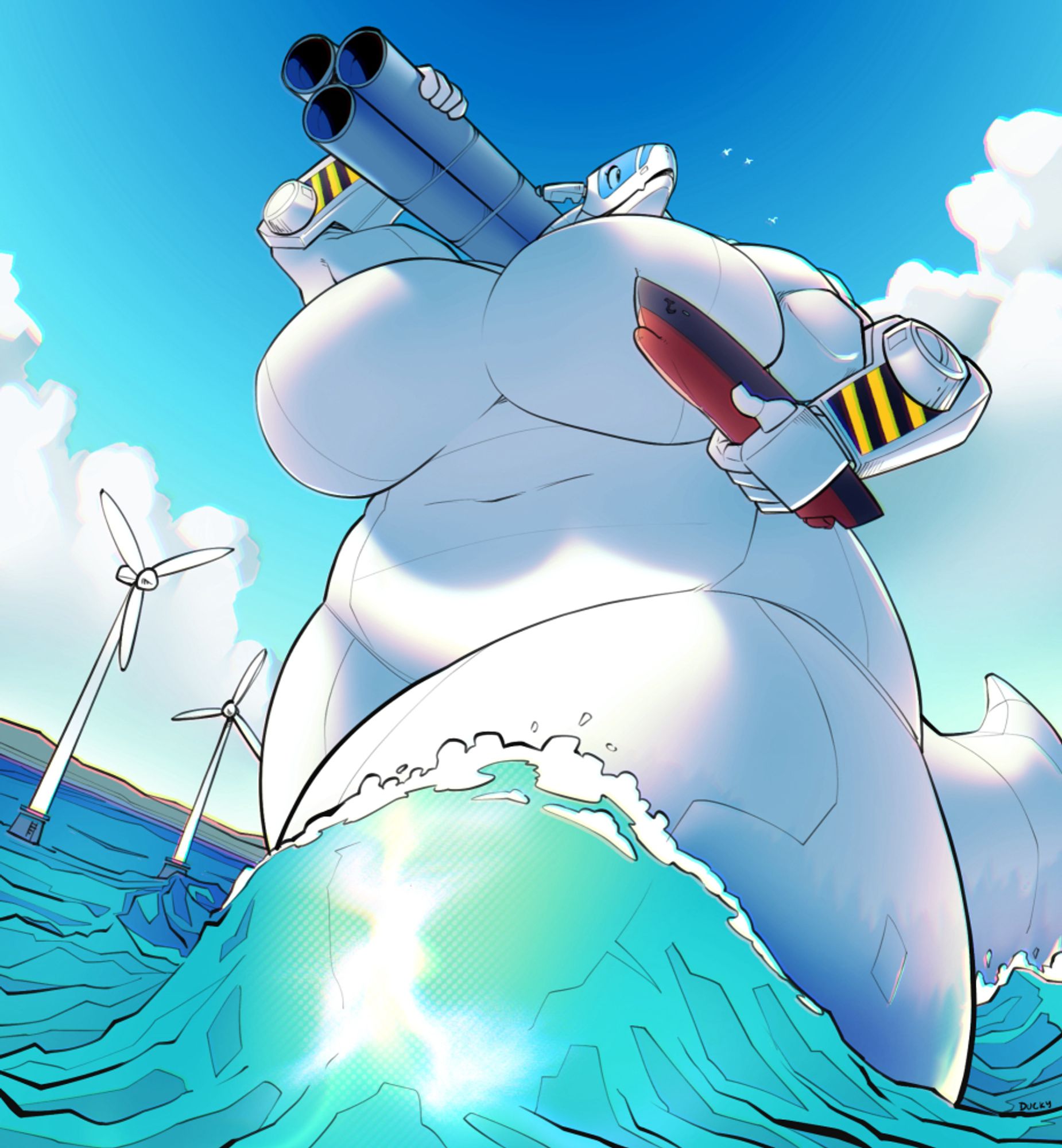 A view of a gigantic synthetic female walking in the ocean, displacing waves with her strides. She's carrying three tubes, that are used as the tower of off-shore wind power mills, and an intact ship against her waist. She looks mesmerized by a flock of birds flying around her.