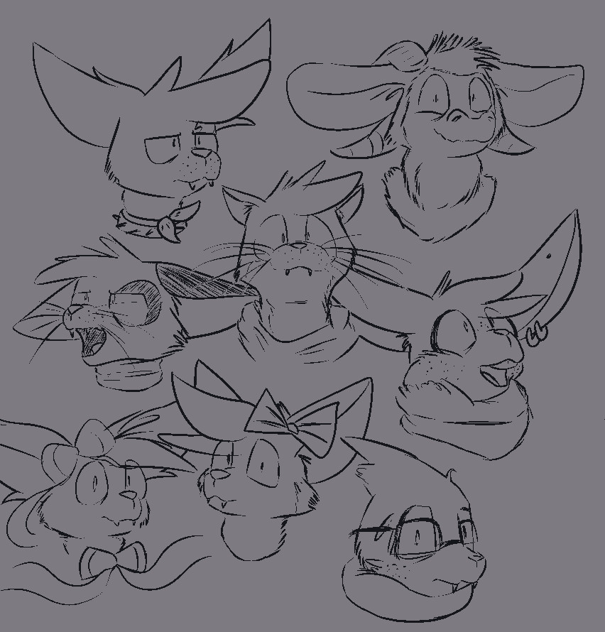 A sketchpage of various character headshots of mine, mostly all staring at the camera