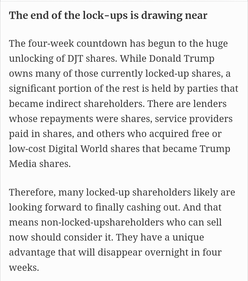 News article from Forbes a few weeks back highlighting that "locked up" shareholders in DJT will be able to sell those shares very soon.