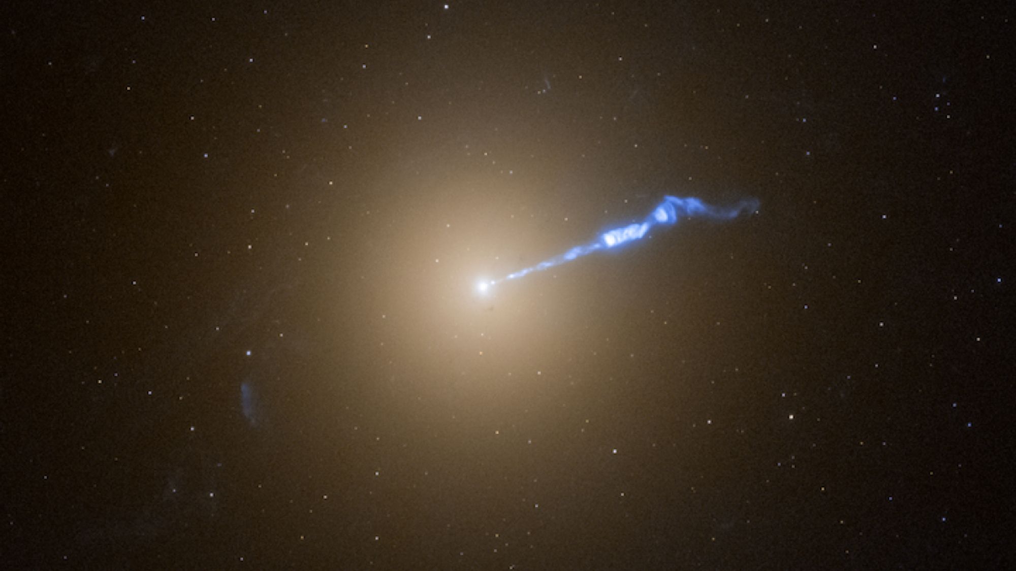 In the darkness of space a single shining star is emitting a jet of light blue gas