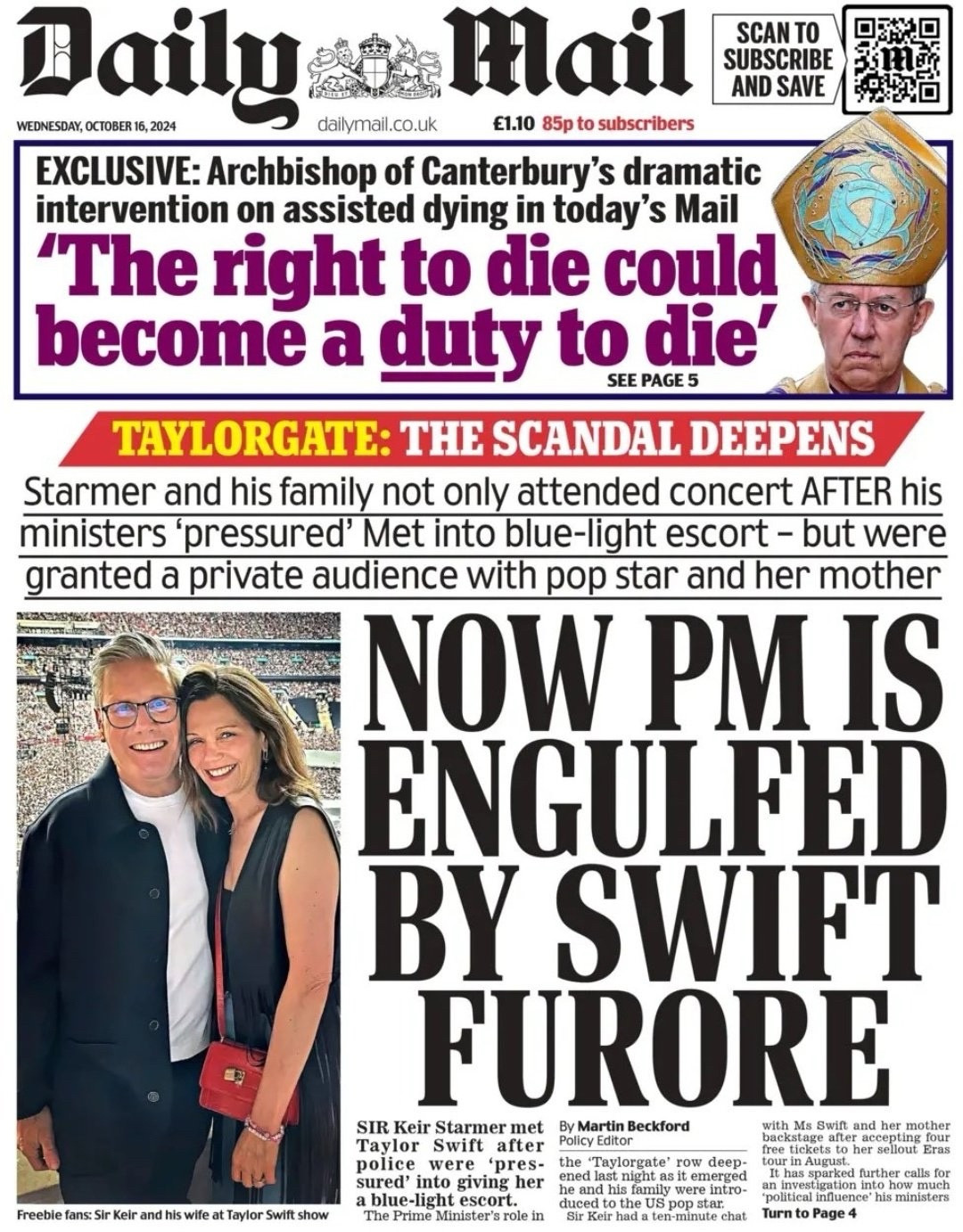 Daily Mail front page dominated by the story that Prime Minister Keir Starmer met Taylor Swift with his family backstage for 10 minutes. The meeting happened in midst of terror threats Swift had been receiving ahead of her concerts in Vienna.