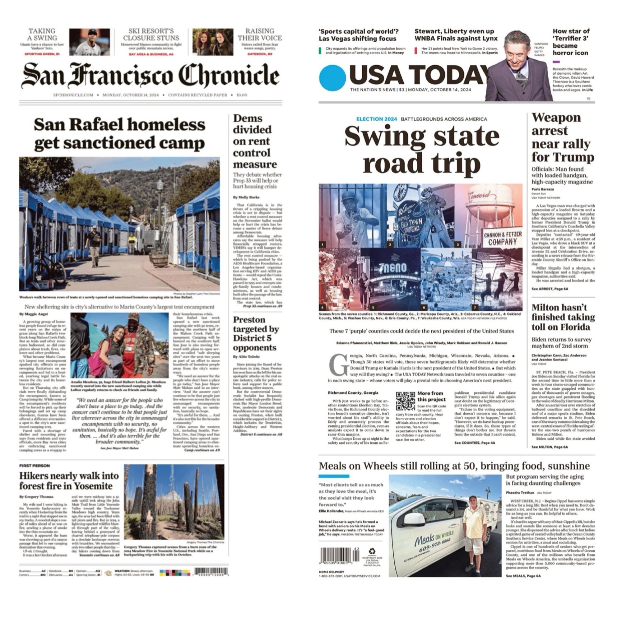 Front page of the San Francisco Chronicle and USA Today with no mention of Trump’s threats to use the military against his political opponents.