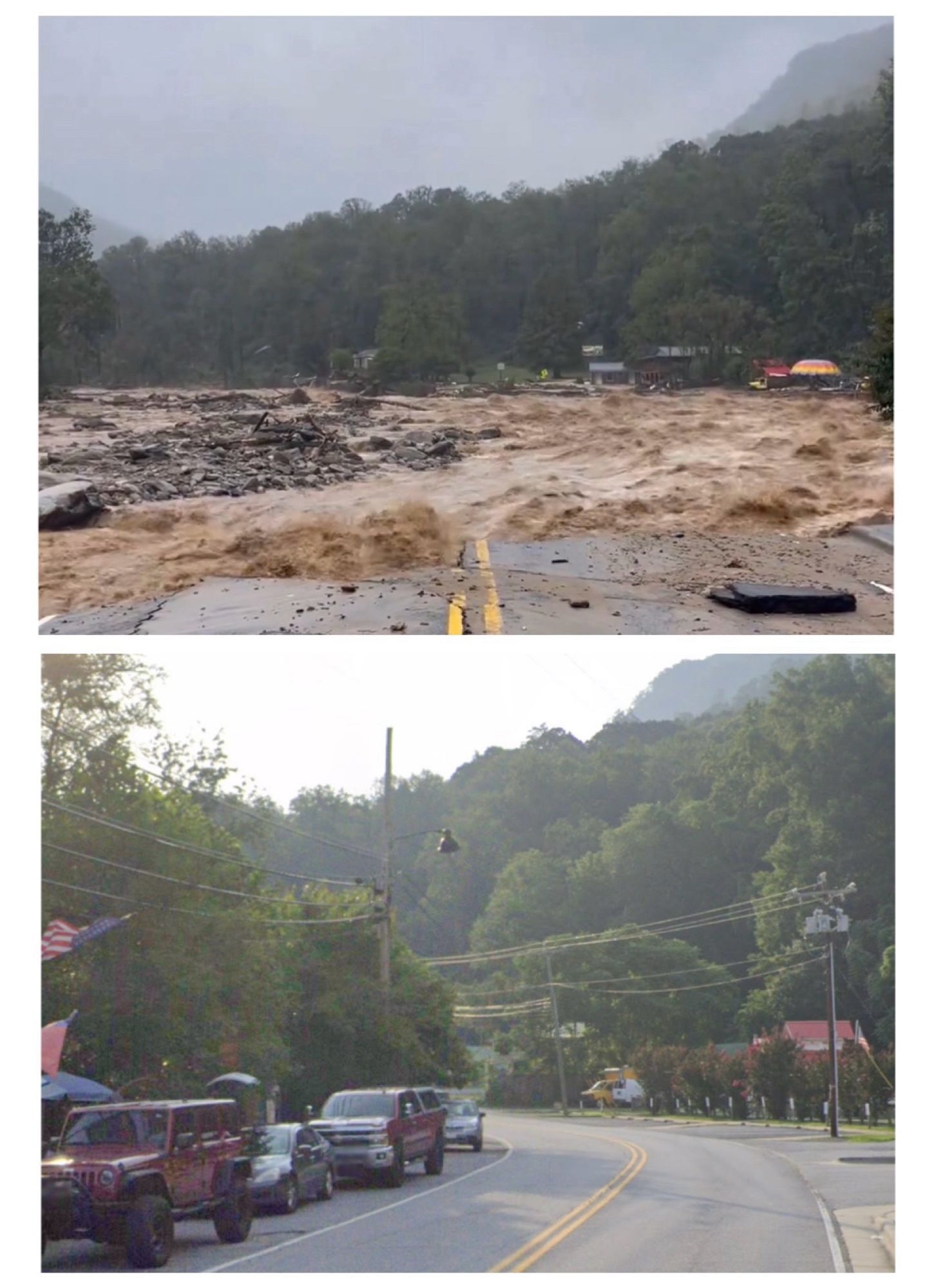 Photo showing cars and houses that stood before river changes course, burst banks and washed them away