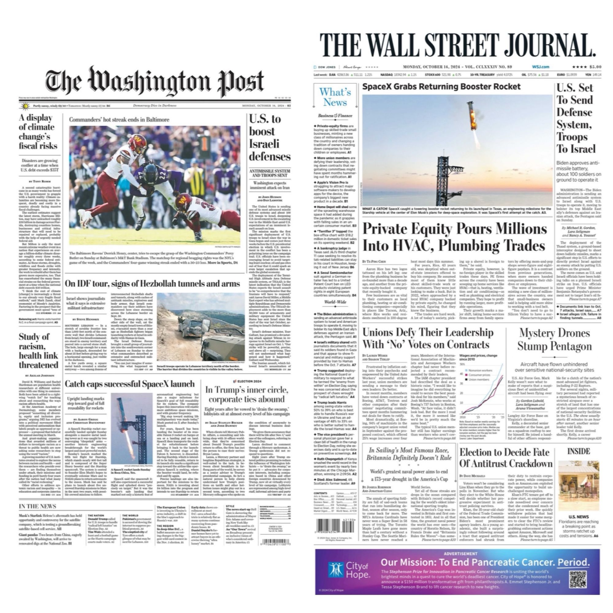 Front page of the Washington Post and Wall Street Journal with no mention of Trump’s threats to use the military against his political opponents.