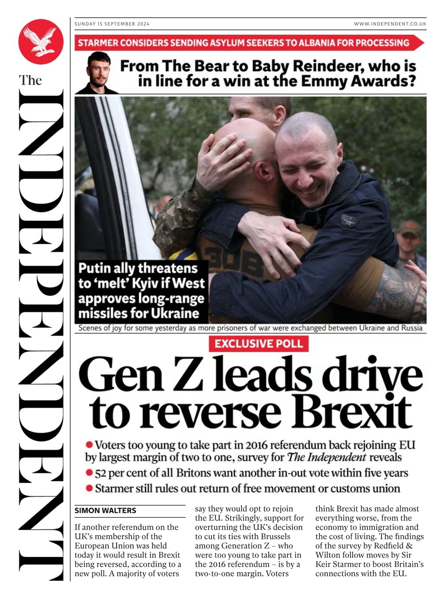 Sunday Independent front page headline: Gen Z leads drive to reverse Brexit