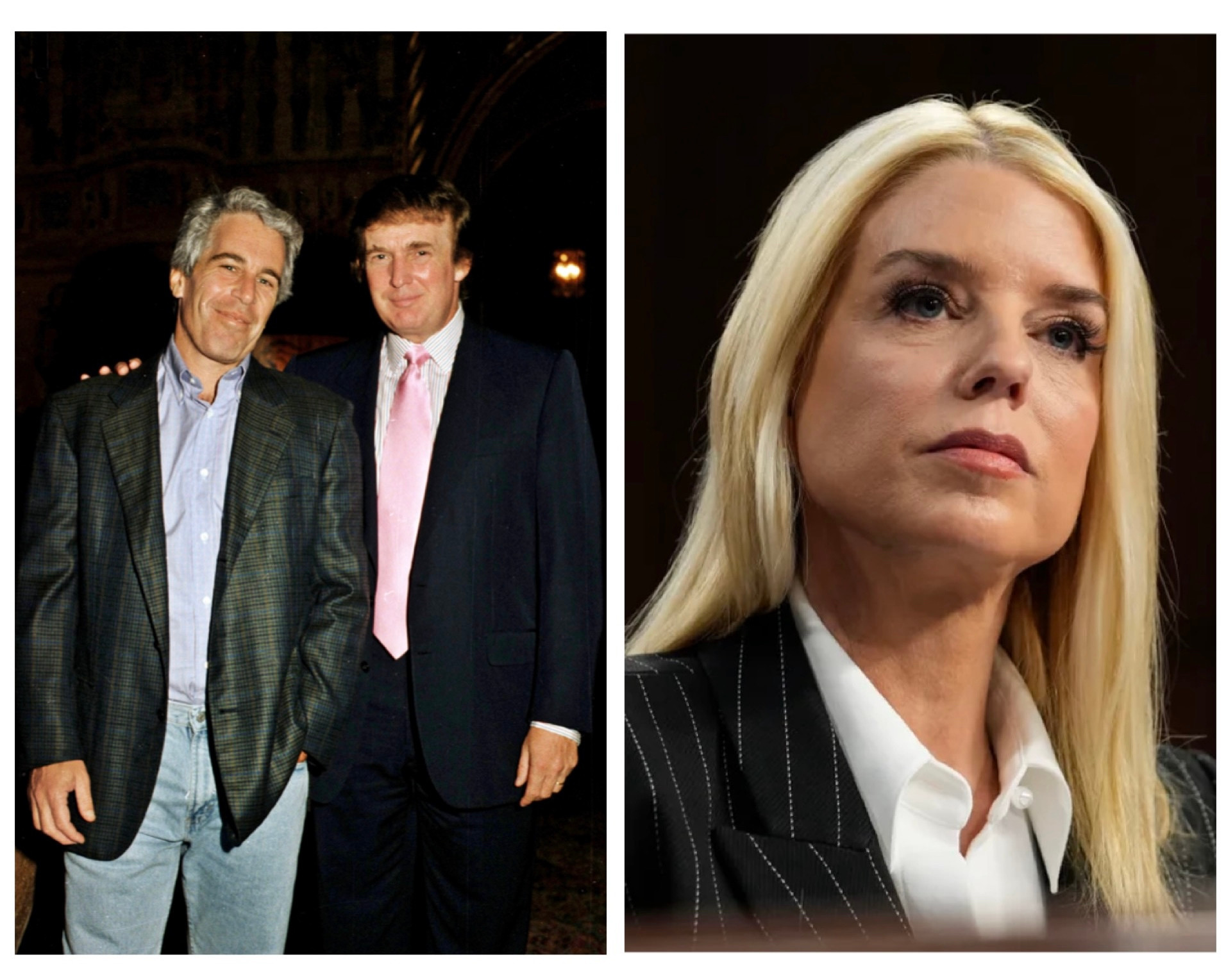A picture of Trump with his arm round Epstein smiling and separately a picture of Pam Bondi.