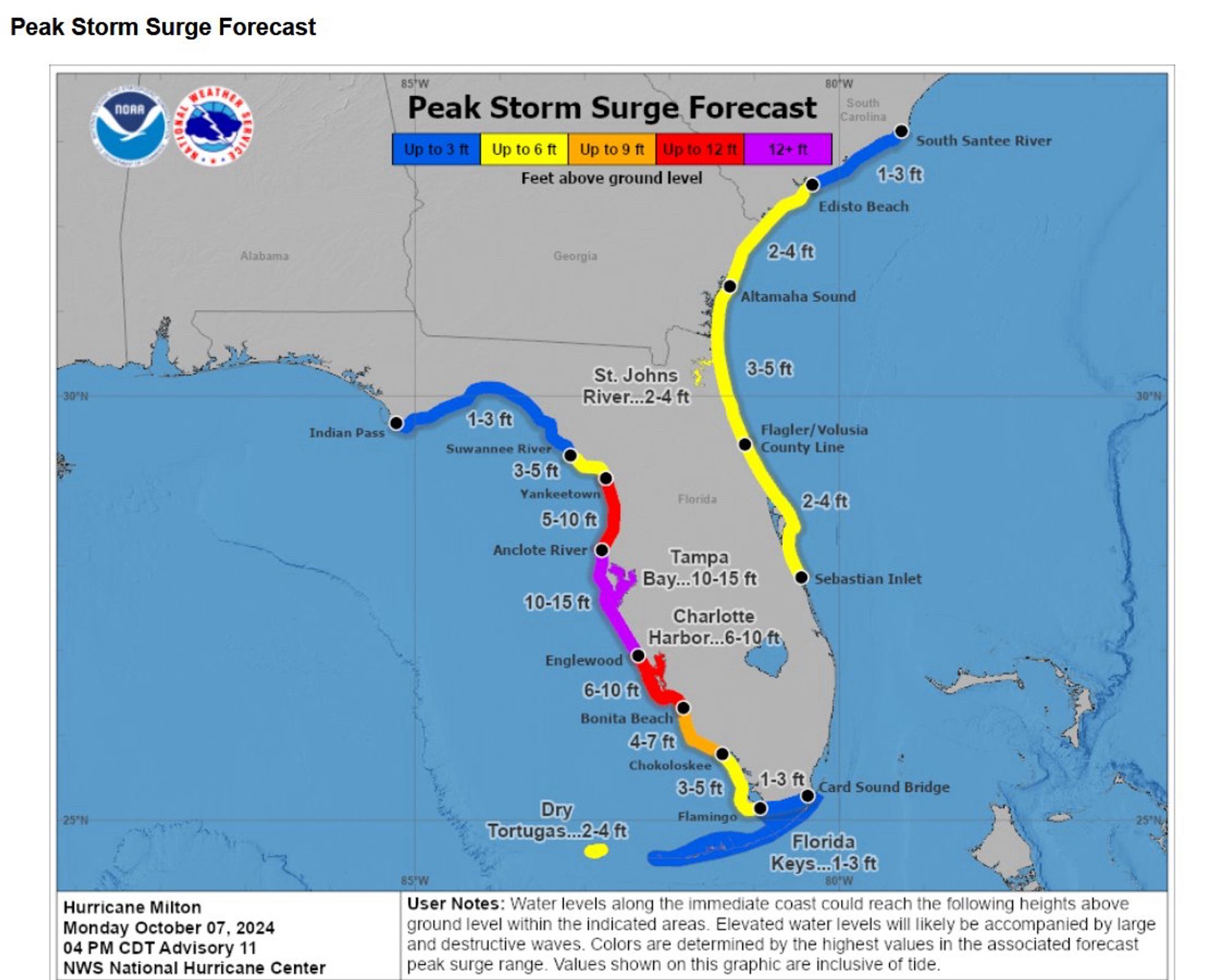 NOAA and National Weather Service’s latest peak storm surge forecast. Now revised to show a 10-15ft storm surge in the Tampa Bay Area.