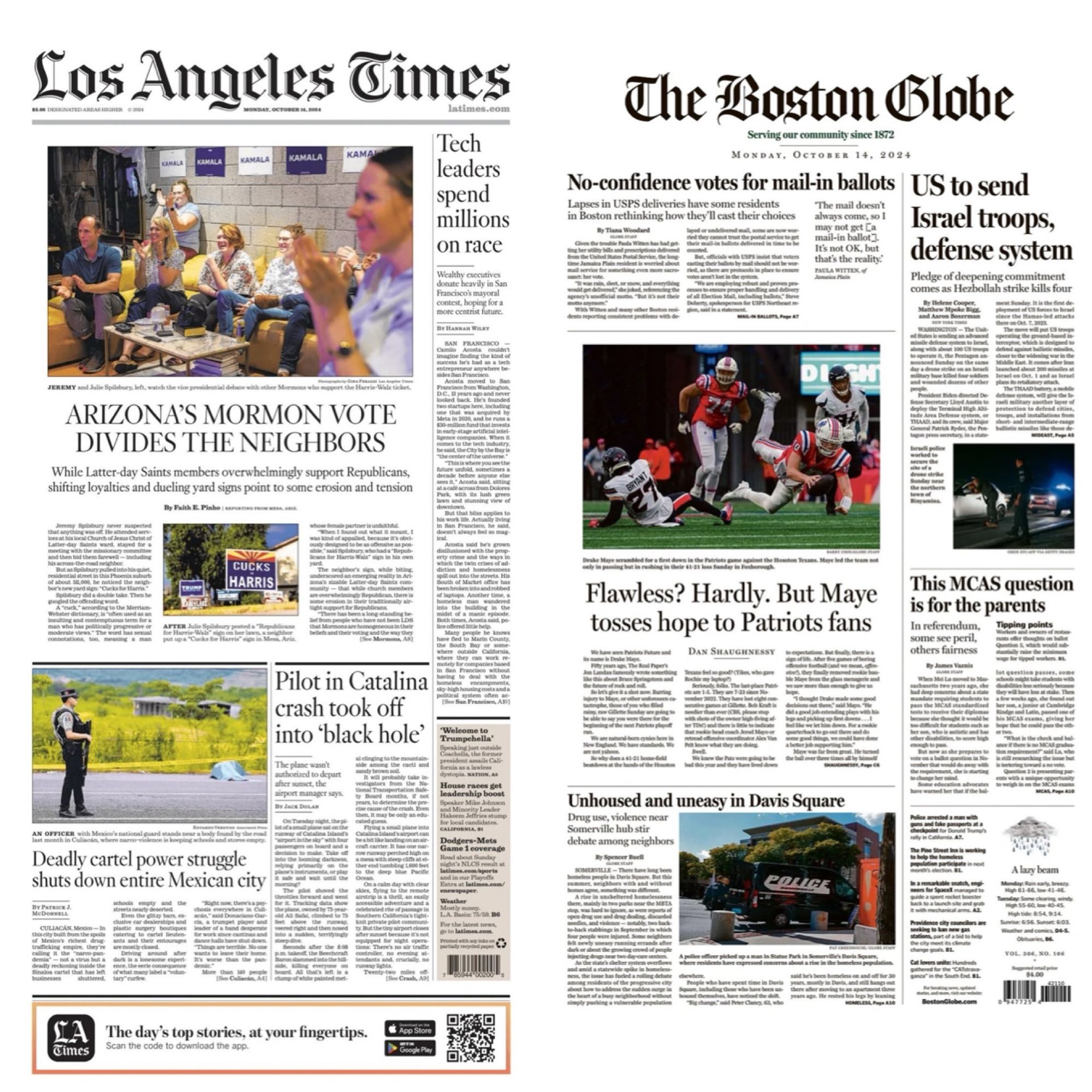 Front page of LA Times and Boston Globe with no mention of Trump’s threats to use the military against his political opponents.