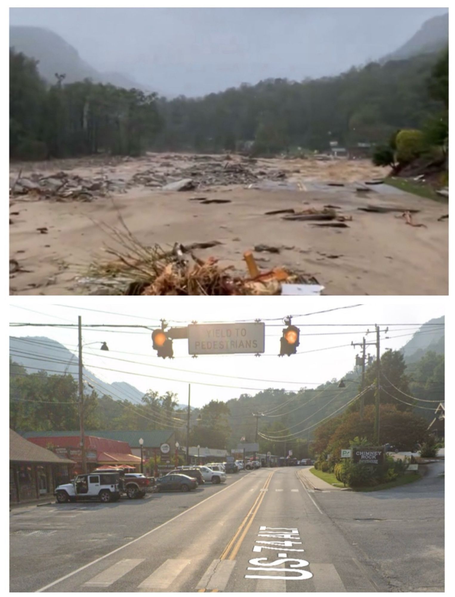 Before and after photo showing the buildings now swept away. Nothing remains.