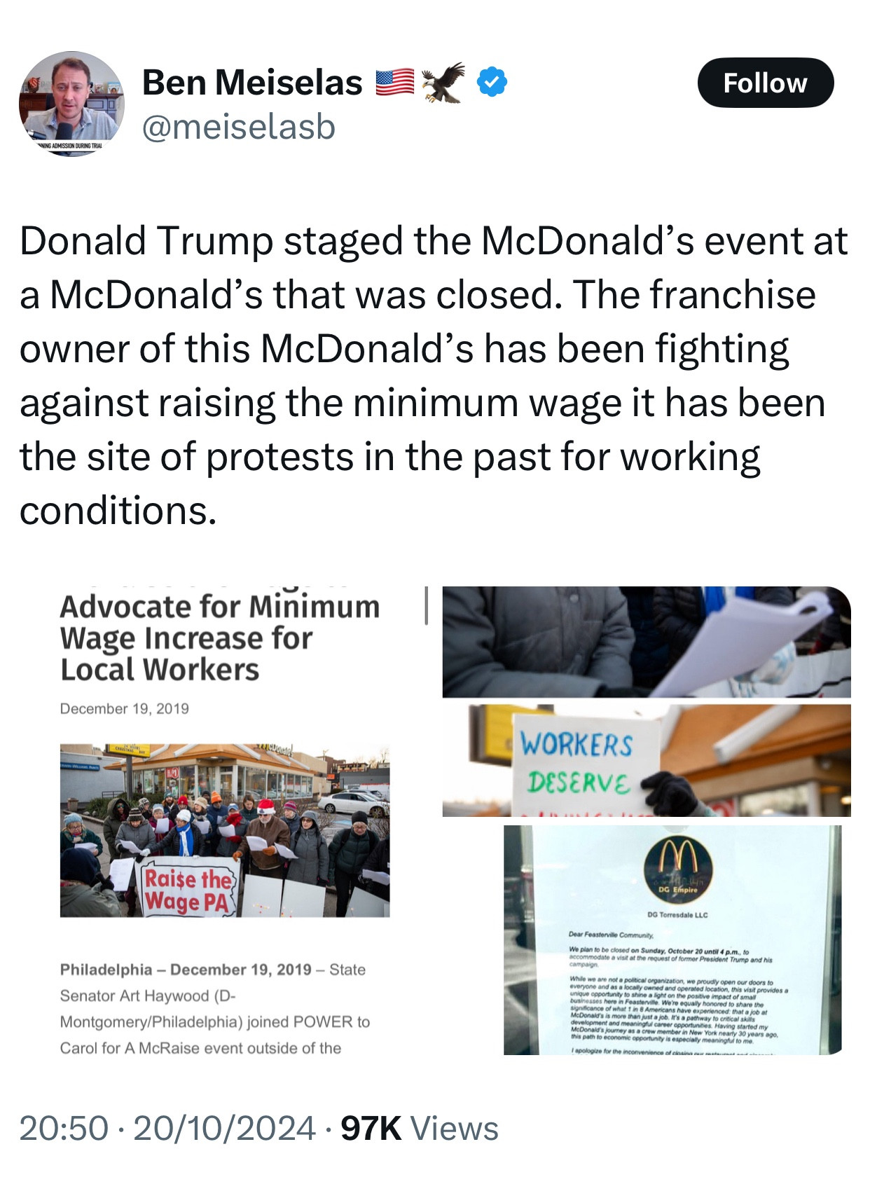 Donald Trump staged the McDonald’s event at a McDonald’s that was closed. The franchise owner of this McDonald’s has been fighting against raising the minimum wage it has been the site of protests in the past for working conditions.