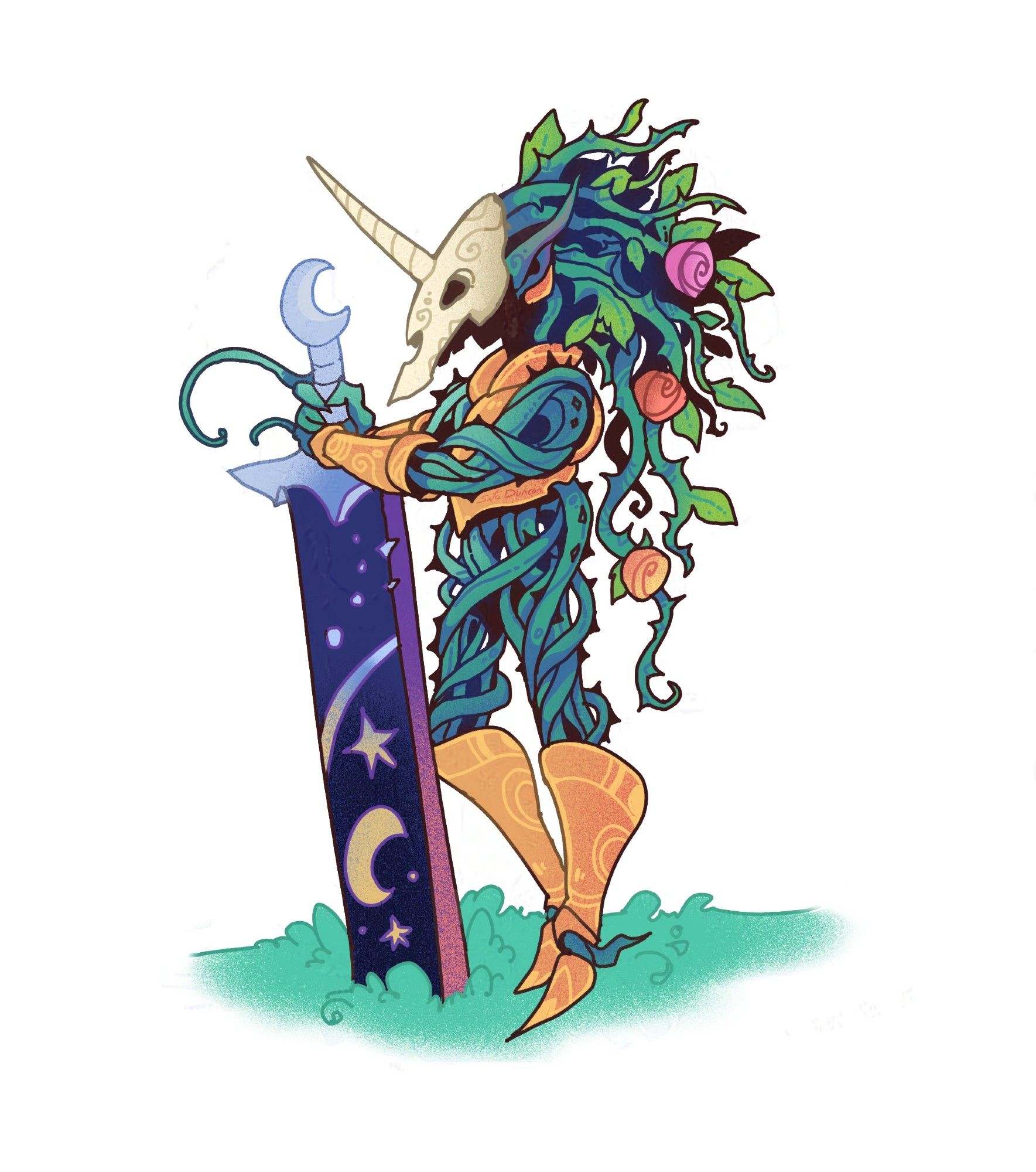 Night of Roses is a ma'aketh, a necromantic plant creature who's body is made of vines. She wears a unicorn skull, golden armor, and wiels a large sword of night