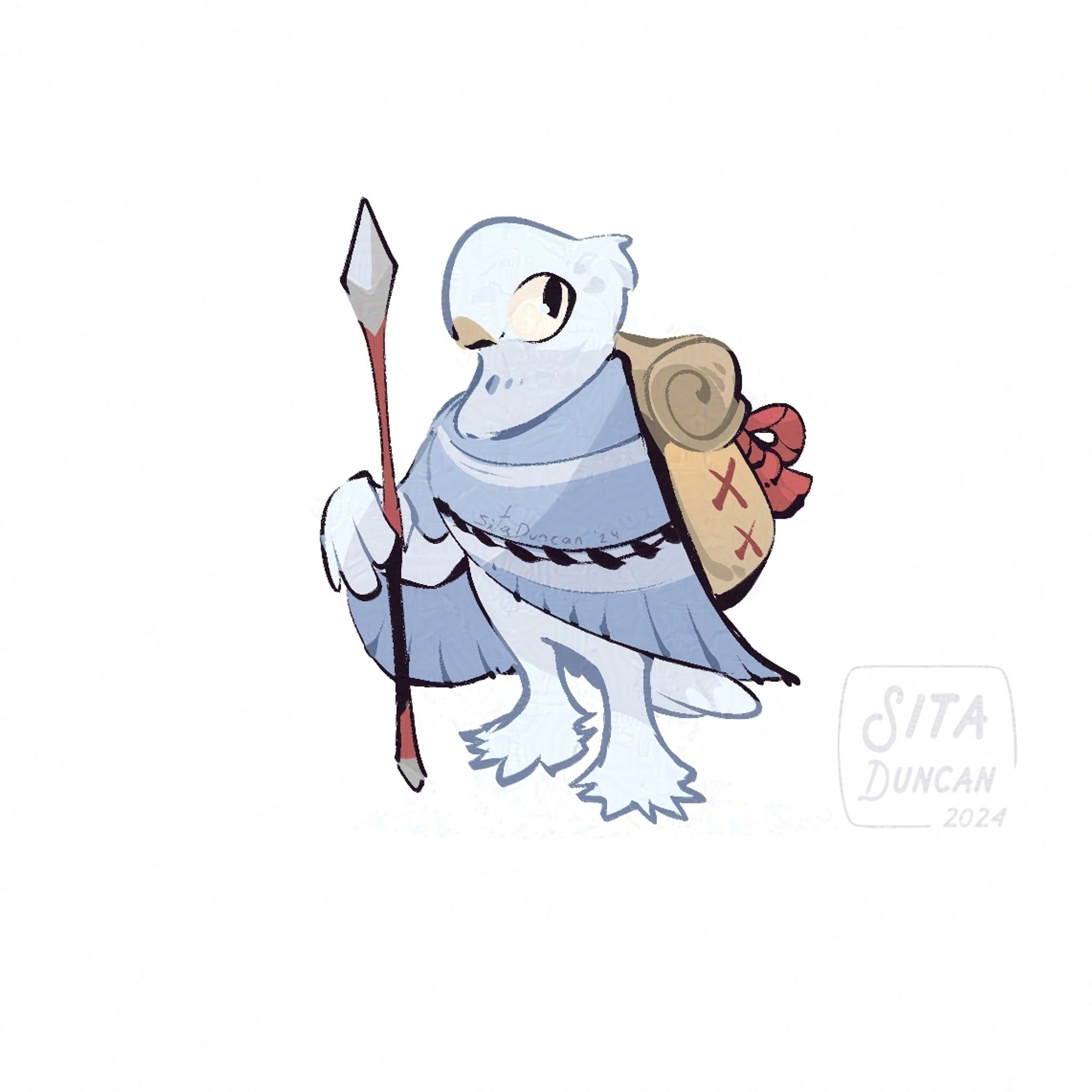 A pretty white pigeon adventurer with a poncho thrown over their body that looks like the color and pattern of their wings, only their actual arm pokes out and holds a spear. They have a little tan backpack with red string and a sleeping bad. Their head is sleek and pretty with a small tuft of feathers in the back.