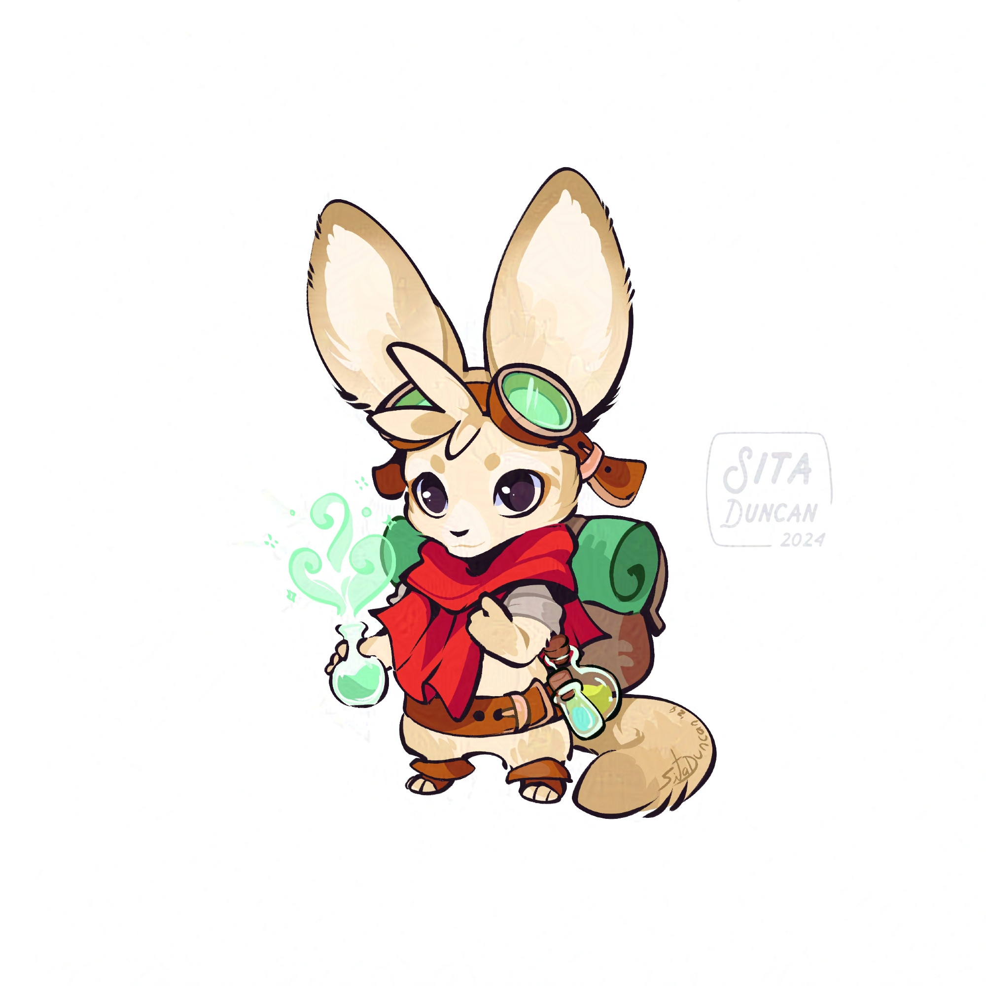 A tan fennec fox alchemist holds a small teal vial. They have a red scarf on and a pair of teal goggles rests on their head. 