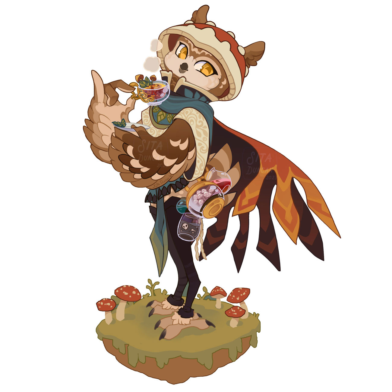 Enoki is a burrowing owl. Here are is tall and slender, and wearing a fancy cloak with a cute mushroom cap hat. Her wing arms hold a glass tea cup that is filled with mushies and herbs.