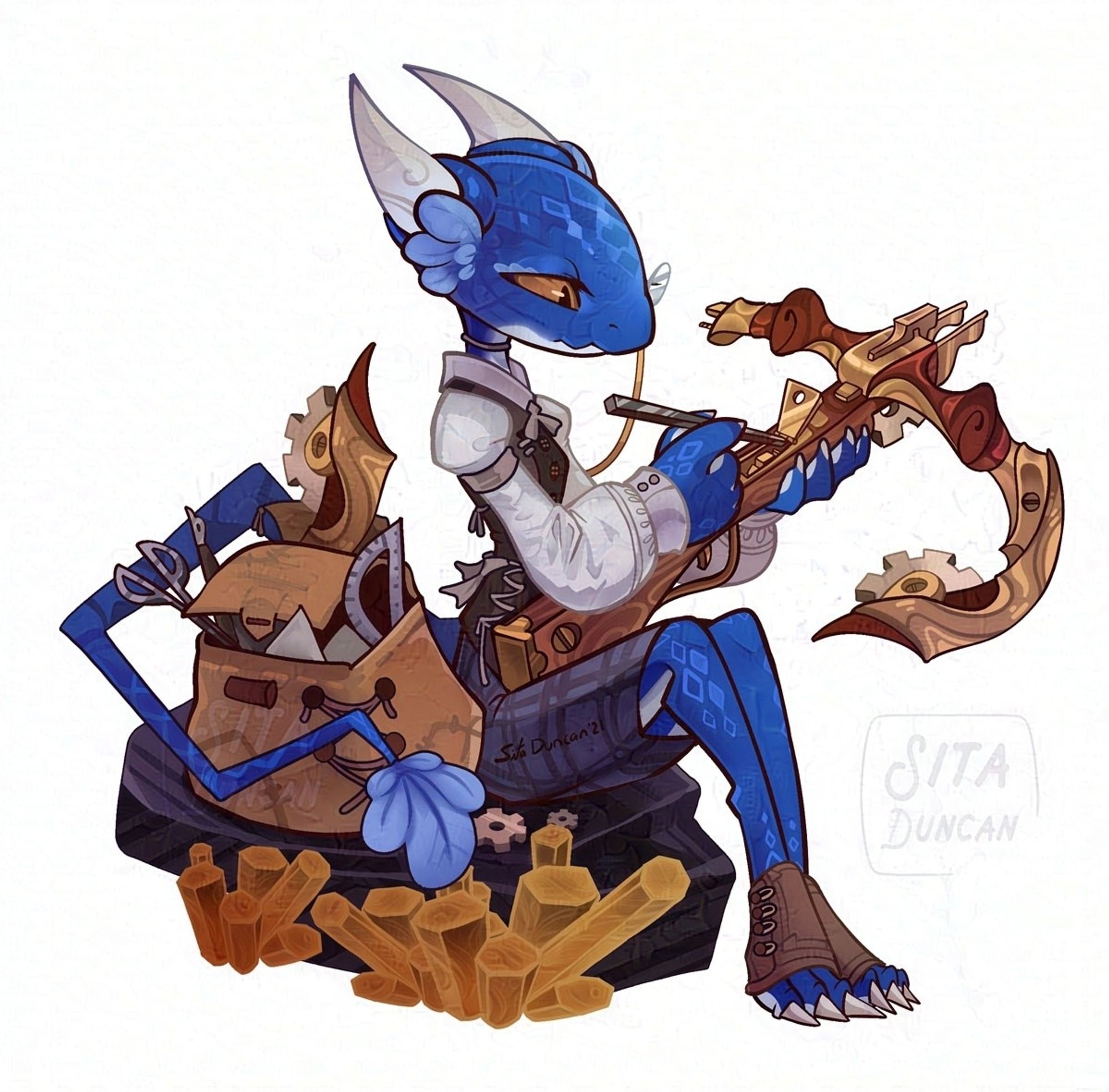 A blue kobold with white horns, a puffy sleeved shirt, and spats. She has a monocle and is tinkering with a mechanical crossbow.