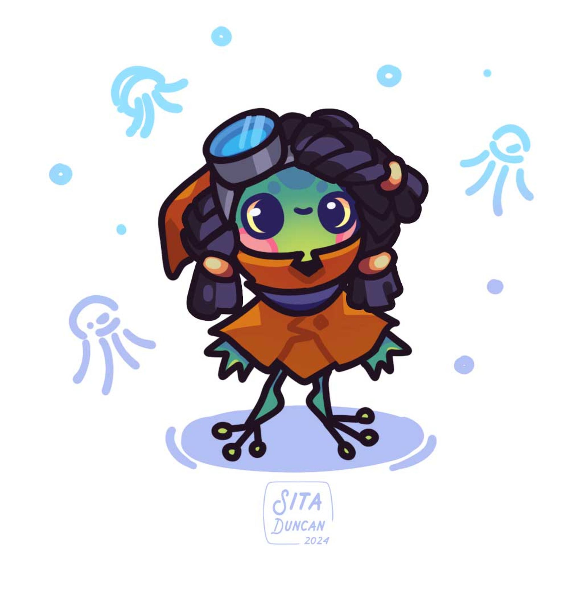 Piff the frog in goggles and a little poncho