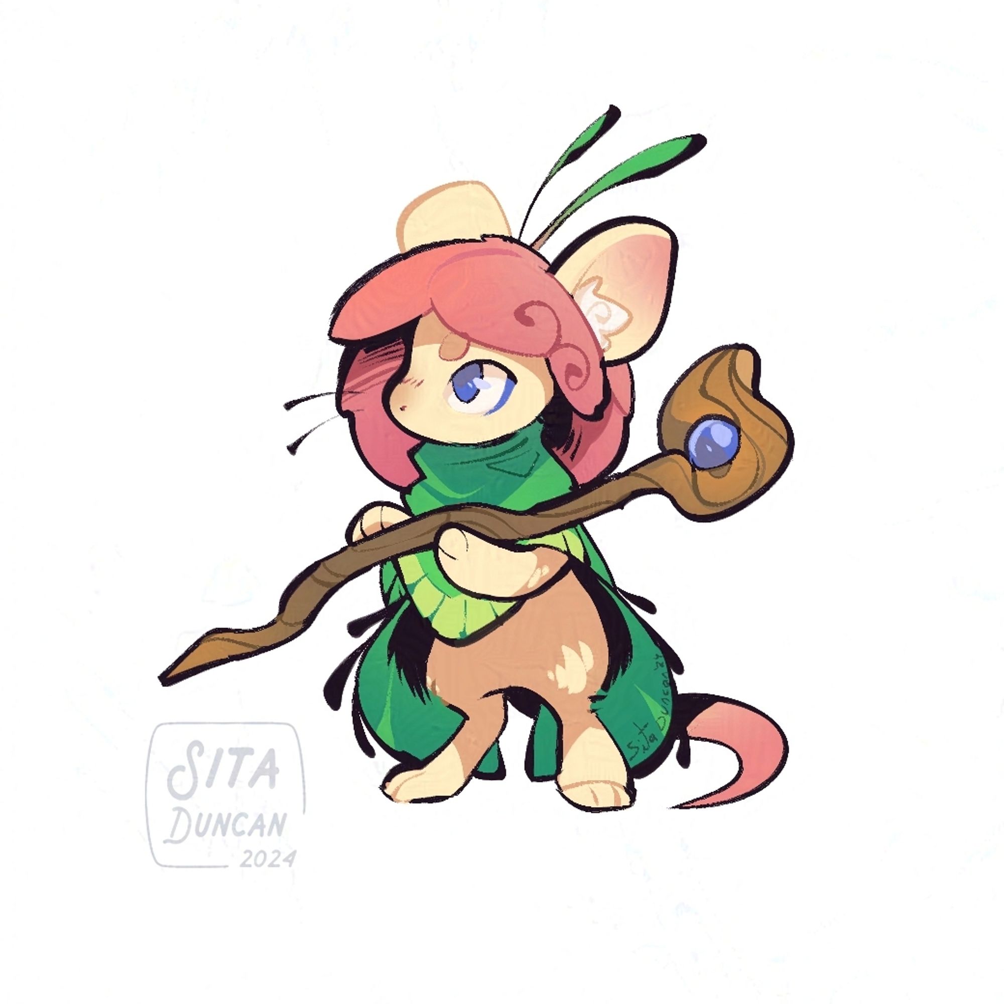 A little mouse friend with lotus pink hair, cream colored fur and a lilypad colored cloak. She's holding a bendy staff made of wood and has a sweet expression on.