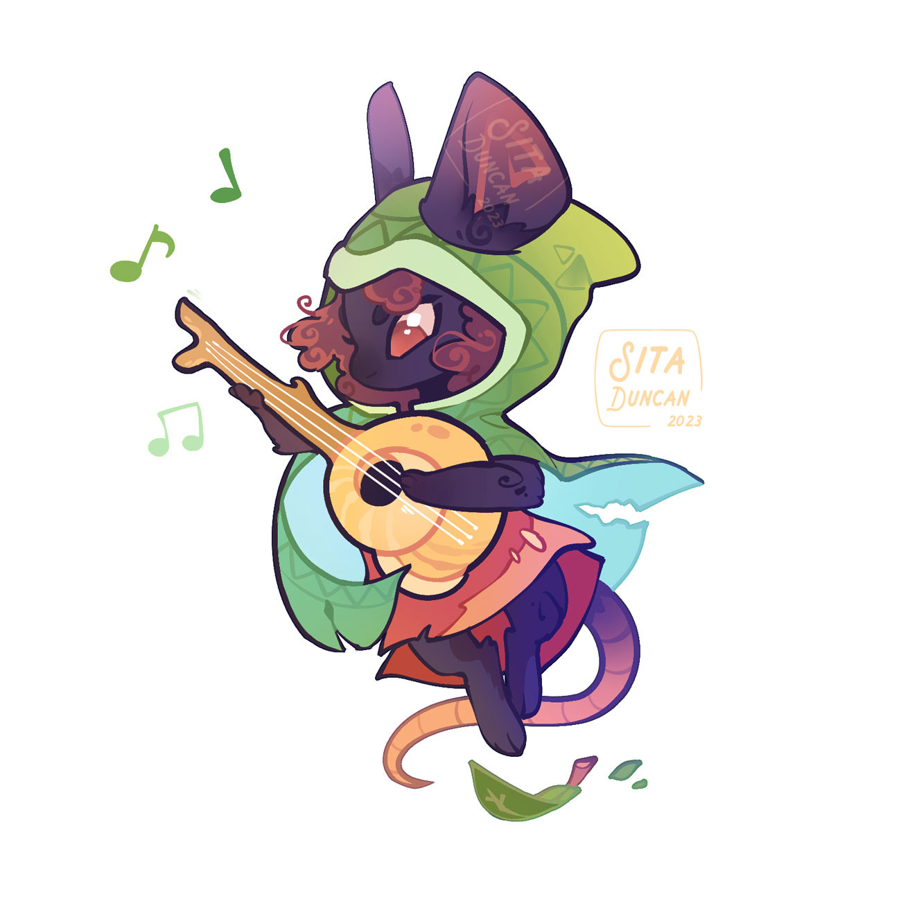Illustration: A little mouse bard with a snail shell lute and a cozy green cloak