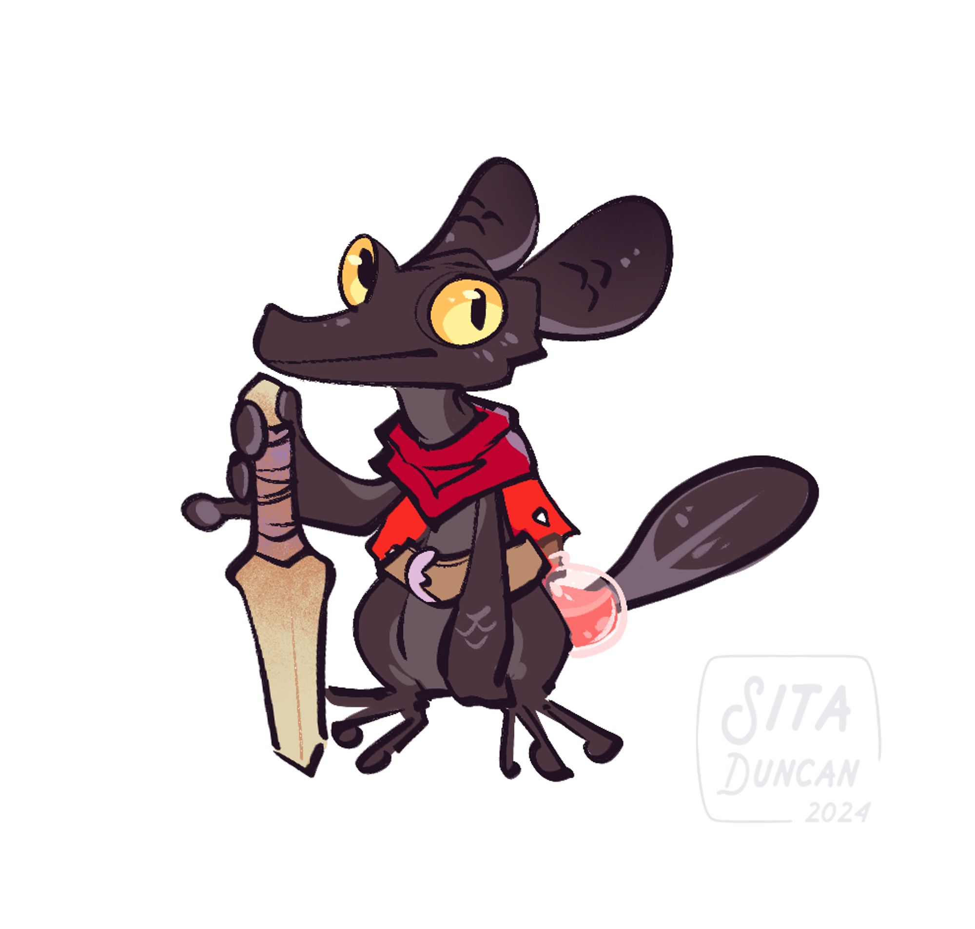 A little black kobold with yellow orange eyes, a dragontooth sword and a red potion