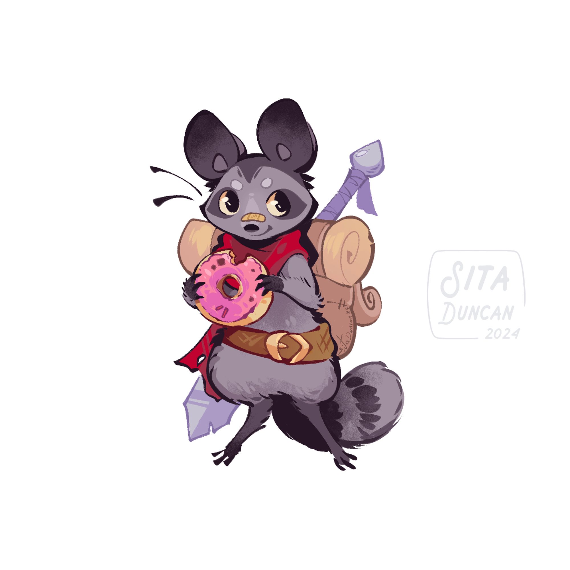 A fluffy little racoon stands ready for adventurer, equipped with travelling pack, sword, tattered scarf and a donut with pink icing that has a single bite taken out of it. Dirts has a bandaid on his nose, a belt, and a can-do attitude~ for HappyRaccoons on twitter