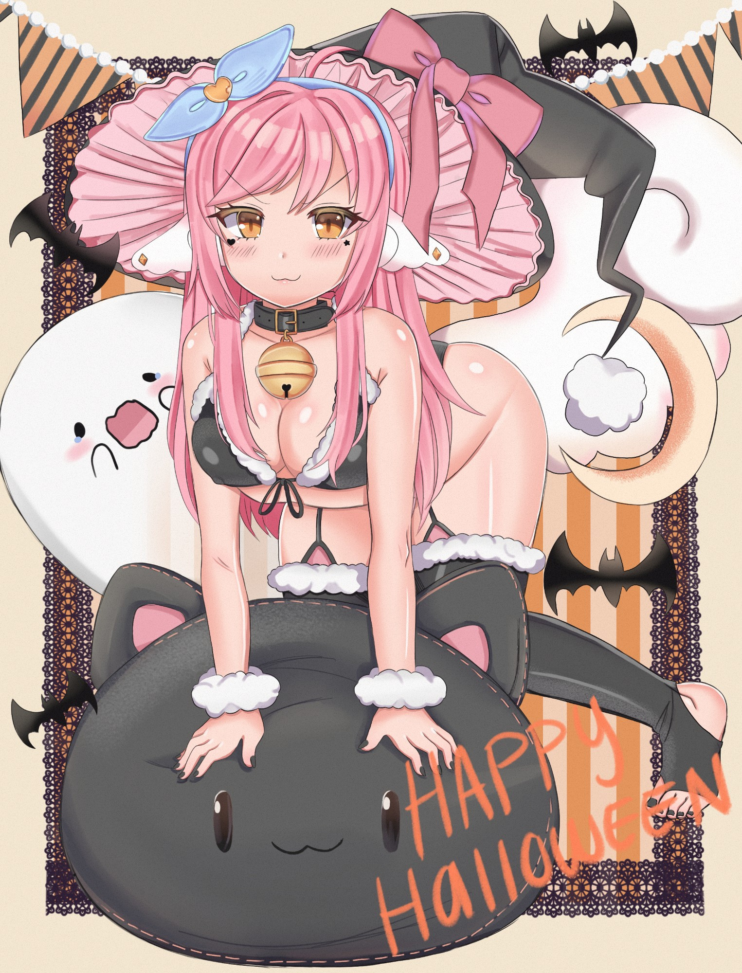 A pink haired girl is leaning forward, on a black cat shaped pillow. 
Behing her is a ghost, and bats decorations are all around the frame. The background has orange and black lace. 
The pink haired girl has white ears, and a fluffy white tail. 
She wears a blue and gold bow in her hair. She has a leather collar with a bell around her neck, a black bikini top with white fur borders, and thigh high socks with white fur around the borders. She also has white fur cuffs around her wrists. 
Her toenails are painted black, and she has a black and pink with hat. It has a pink bow and a white pom-pom. 